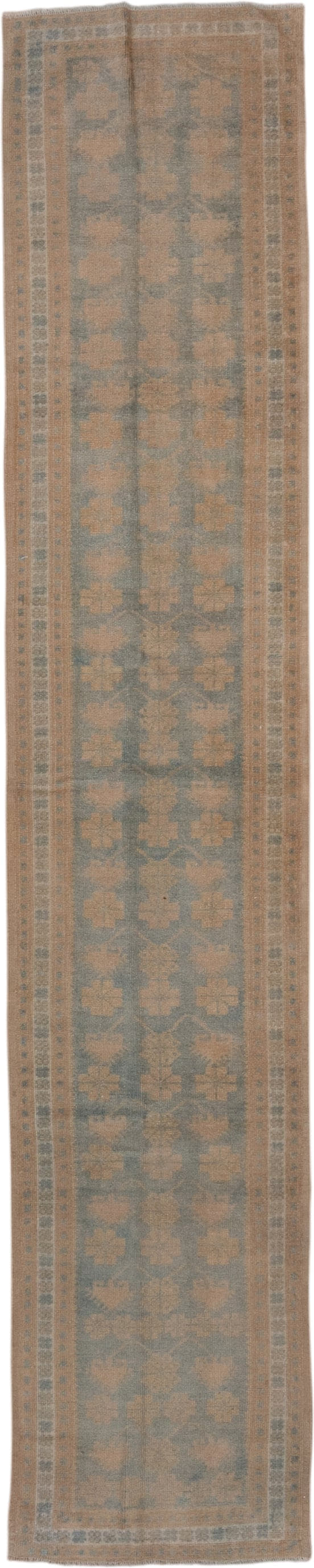 1' x 9' one-of-a-kind handmade antique Oushak rug. Color palette: camel, taupe, slate, ivory, sage, beige, gray, green