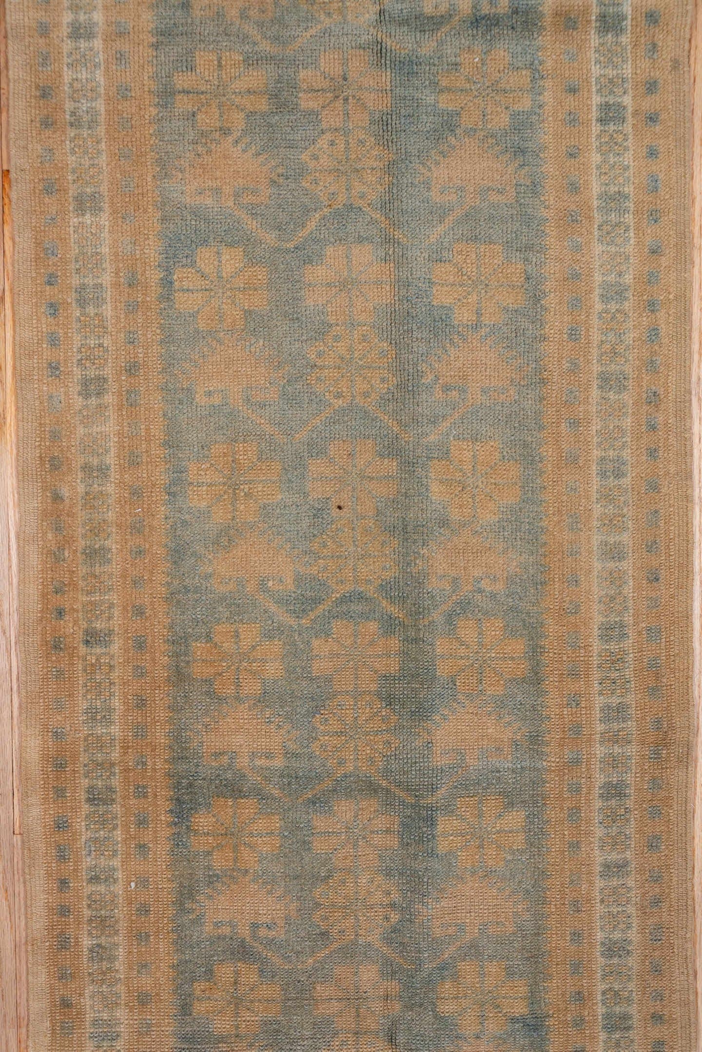 1' x 9' one-of-a-kind handmade antique Oushak rug. Color palette: camel, taupe, slate, ivory, sage, beige, gray, green