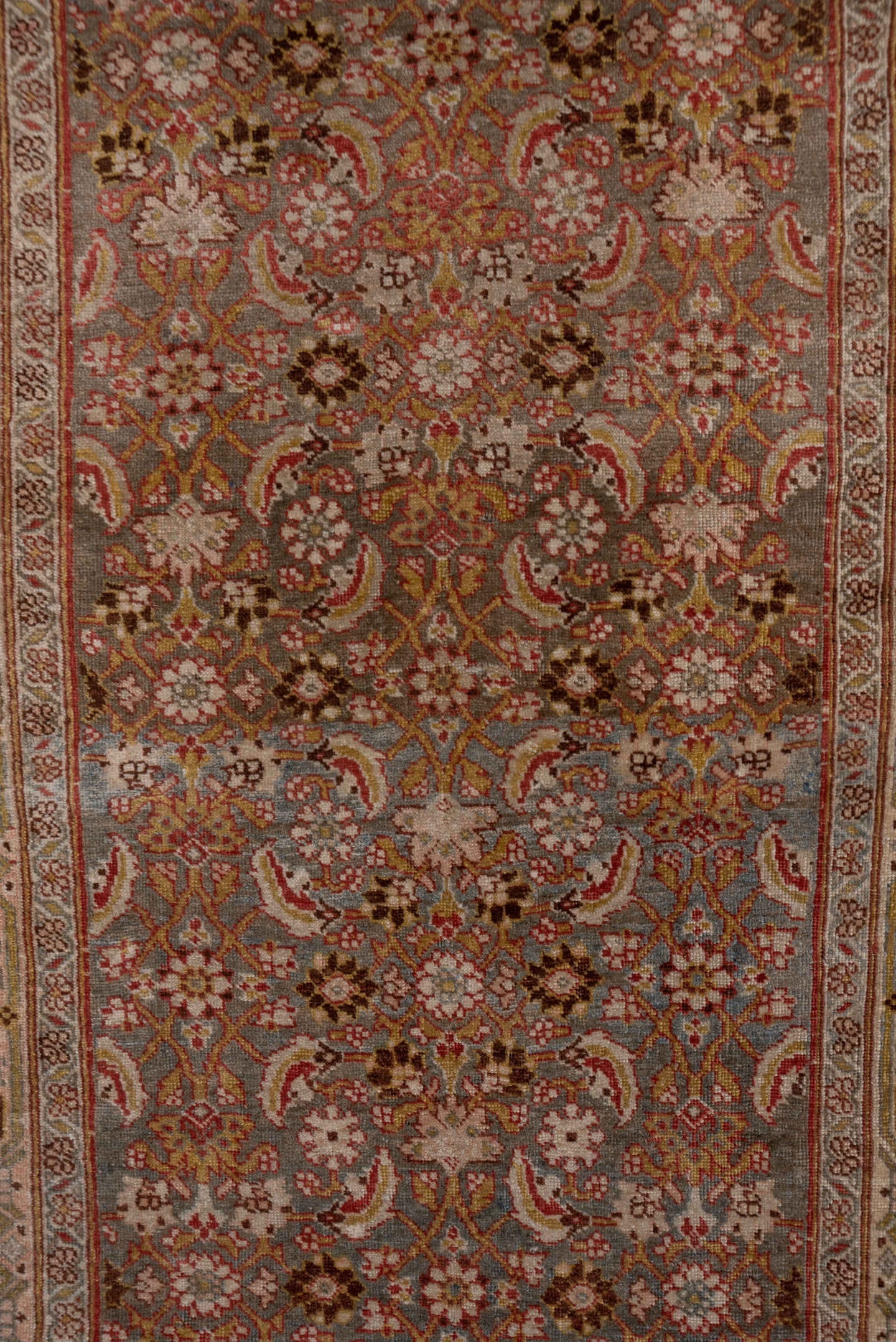 3' x 17' one-of-a-kind handmade antique Bidjar runner rug. Color palette: rose, ivory, slate blue, taupe, rust, camel, brown