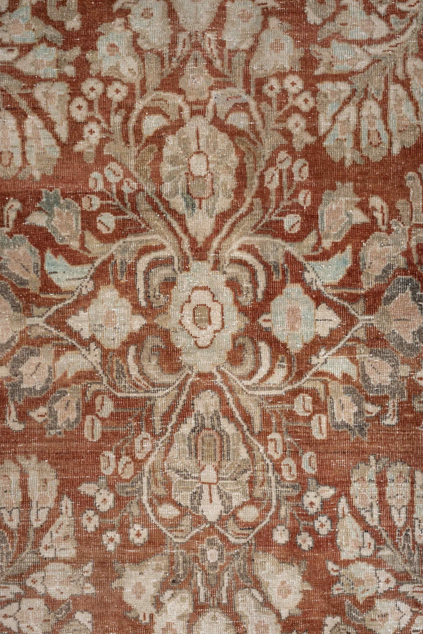 8' x 11' one-of-a-kind handmade antique Sarouk large size rug. Color palette: terracotta, ivory, taupe, camel, rose, sage
