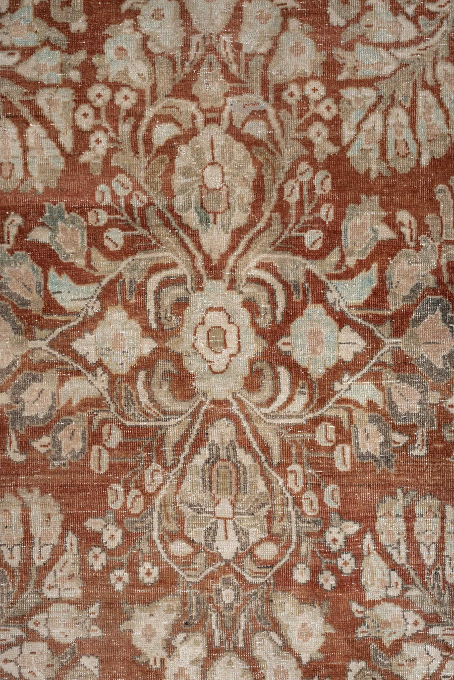 8' x 11' one-of-a-kind handmade antique Sarouk large size rug. Color palette: terracotta, ivory, taupe, camel, rose, sage