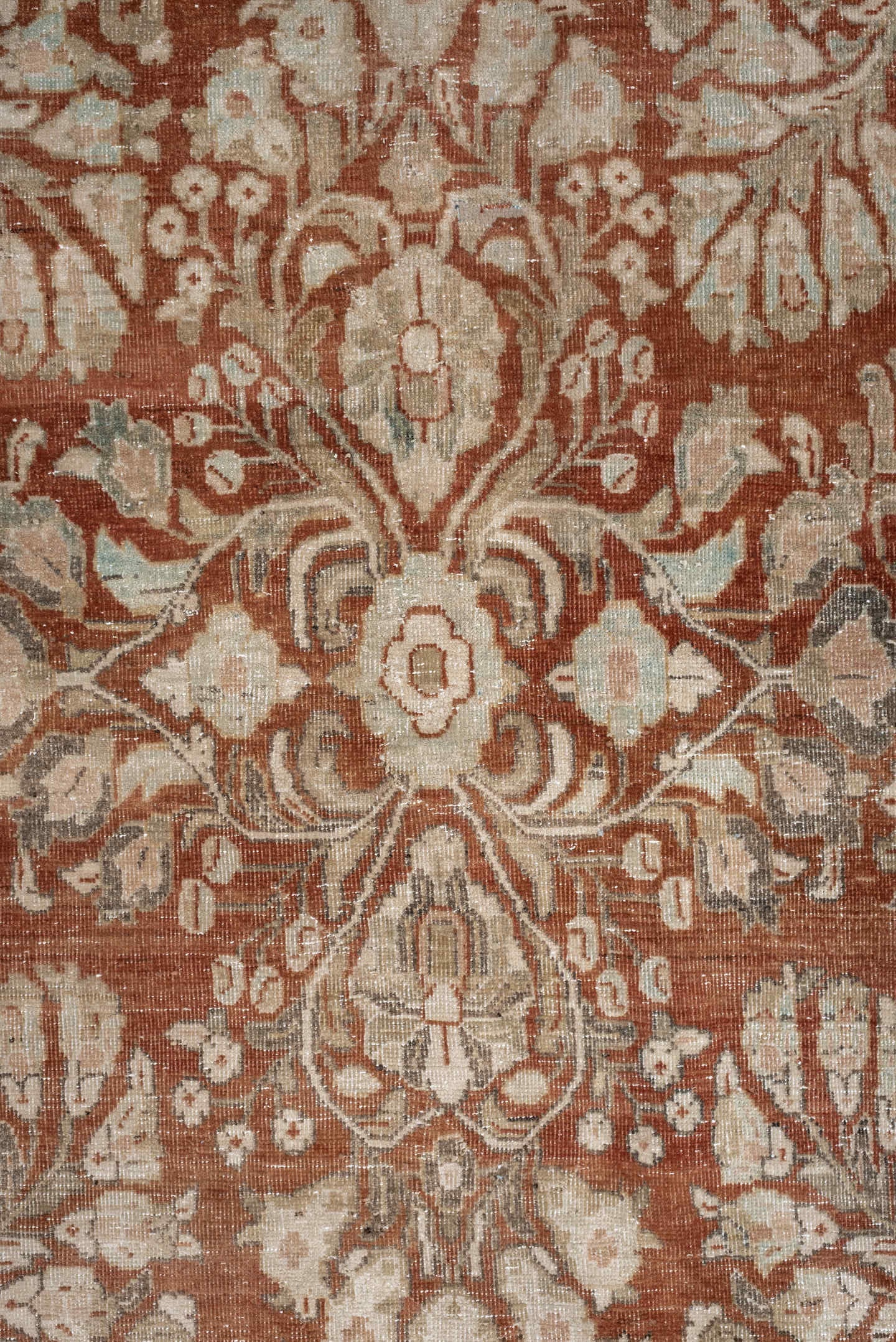 8' x 11' one-of-a-kind handmade antique Sarouk large size rug. Color palette: terracotta, ivory, taupe, camel, rose, sage