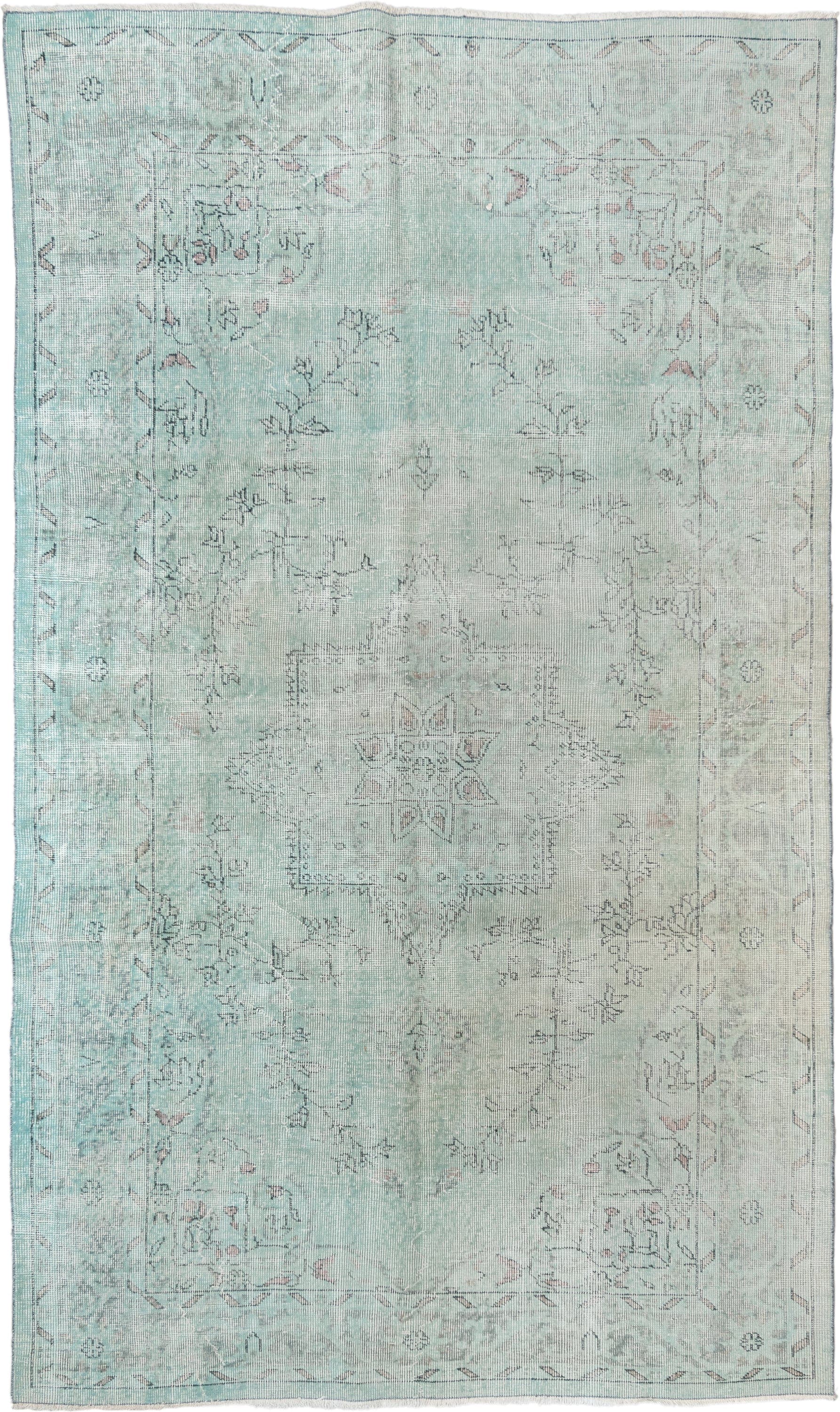 5' x 9' one-of-a-kind handmade vintage Sparta medium size rug. Color palette: ivory, pale blue, sky blue, taupe, soft gray