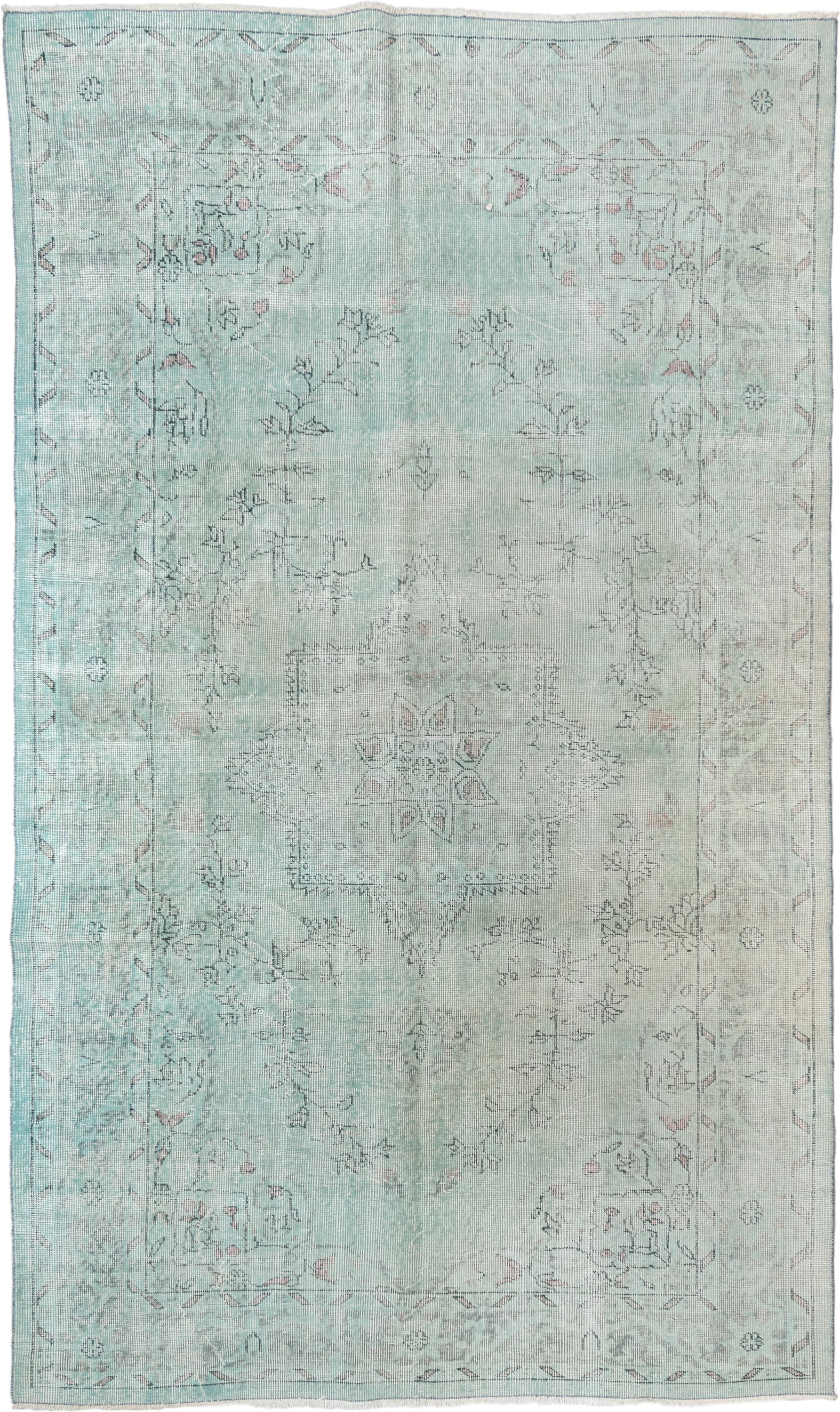 5' x 9' one-of-a-kind handmade vintage Sparta medium size rug. Color palette: ivory, pale blue, sky blue, taupe, soft gray