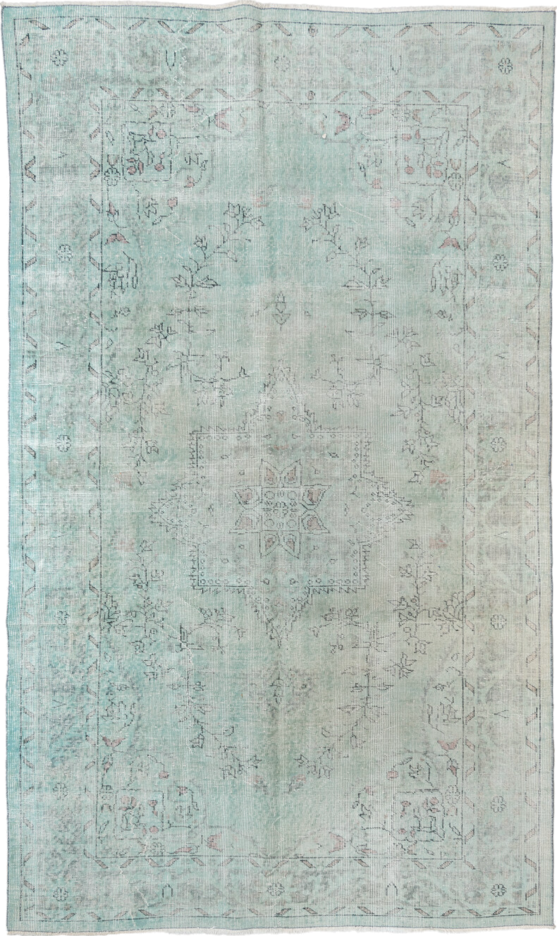 5' x 9' one-of-a-kind handmade vintage Sparta medium size rug. Color palette: ivory, pale blue, sky blue, taupe, soft gray