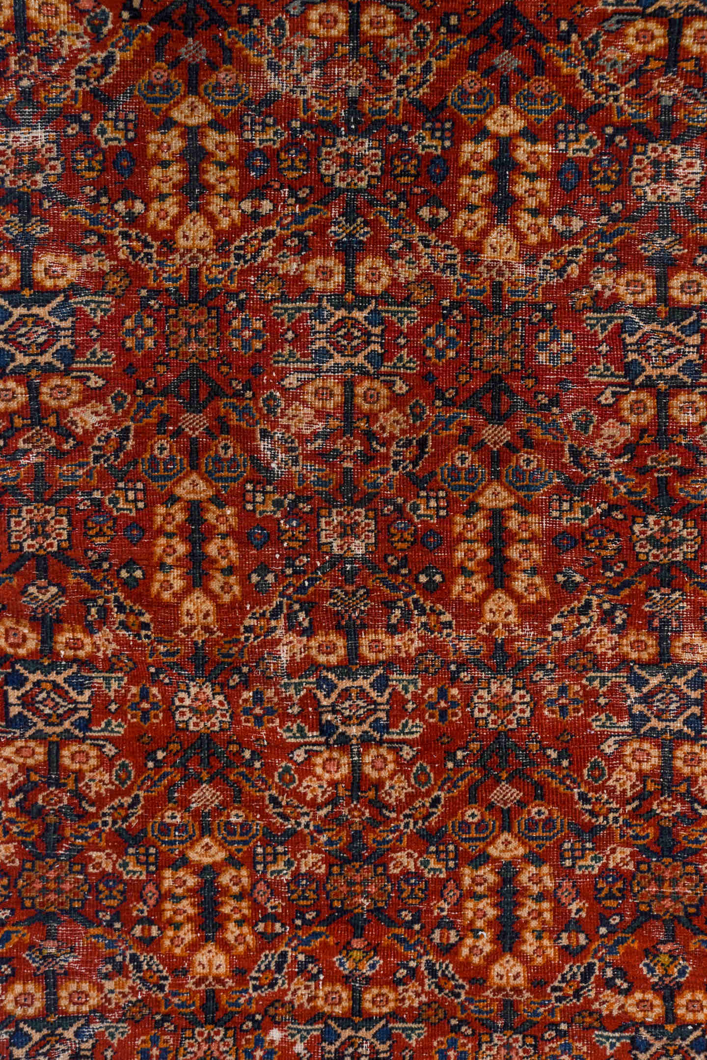 10' x 13' one-of-a-kind handmade vintage Mahal large size rug. Color palette: rust, navy, ivory, terra cotta, camel