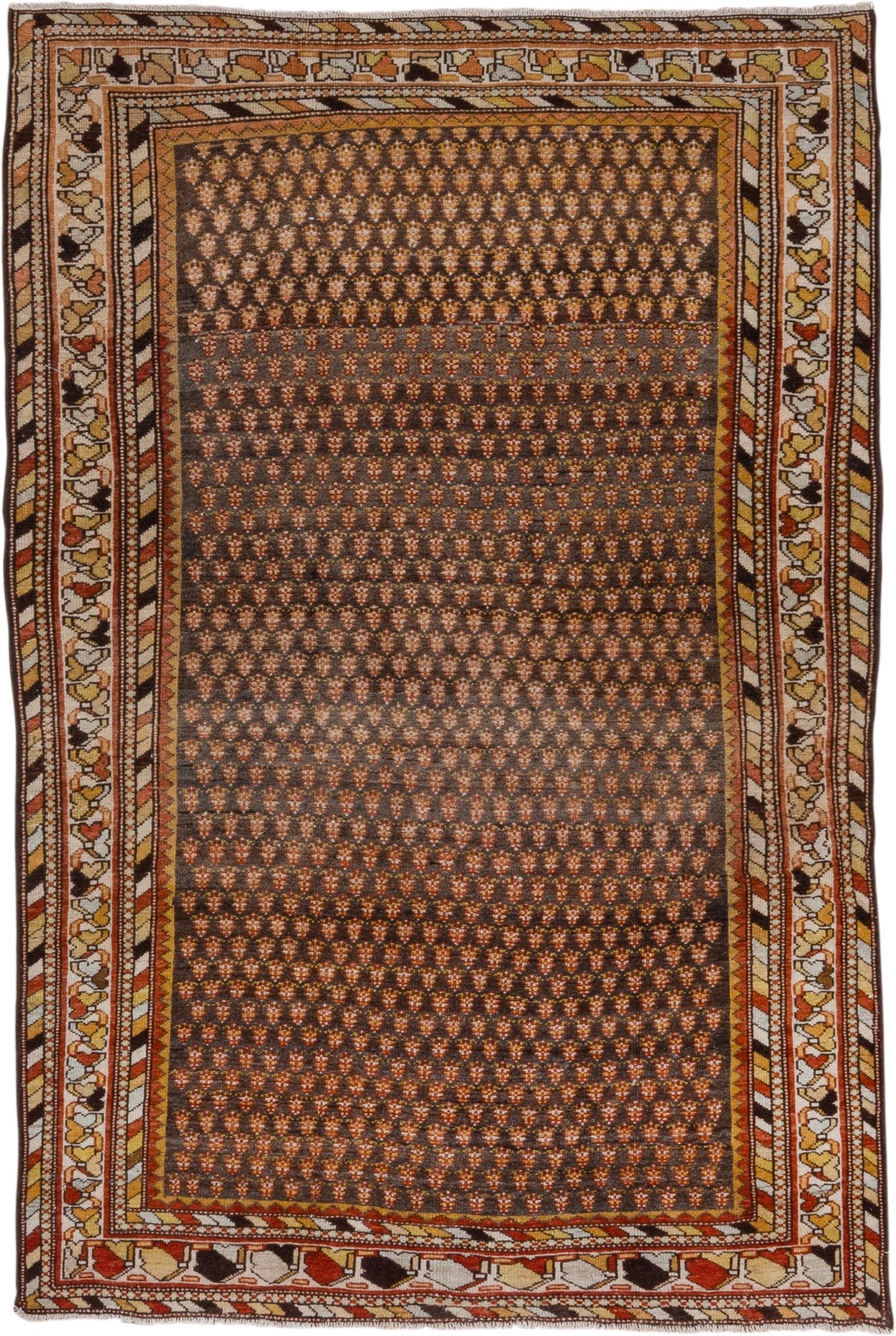 4' x 6' one-of-a-kind handmade antique Malayer small size rug. Color palette: brown, ivory, rust, gold, camel, charcoal