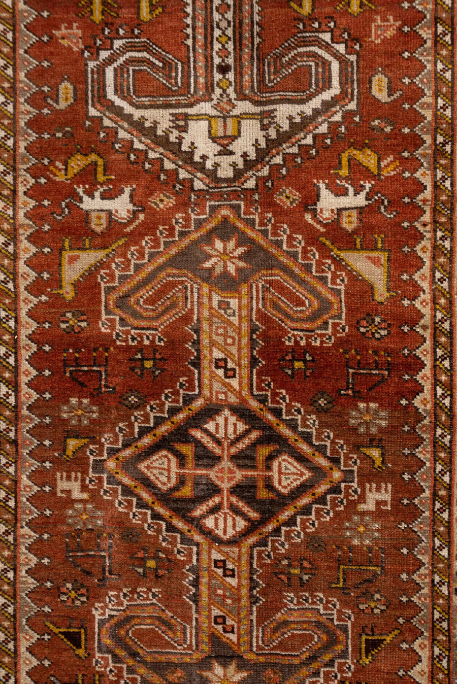 3' x 12' one-of-a-kind handmade antique NW Persian runner rug. Color palette: rust, gold, ivory, brown, camel, charcoal
