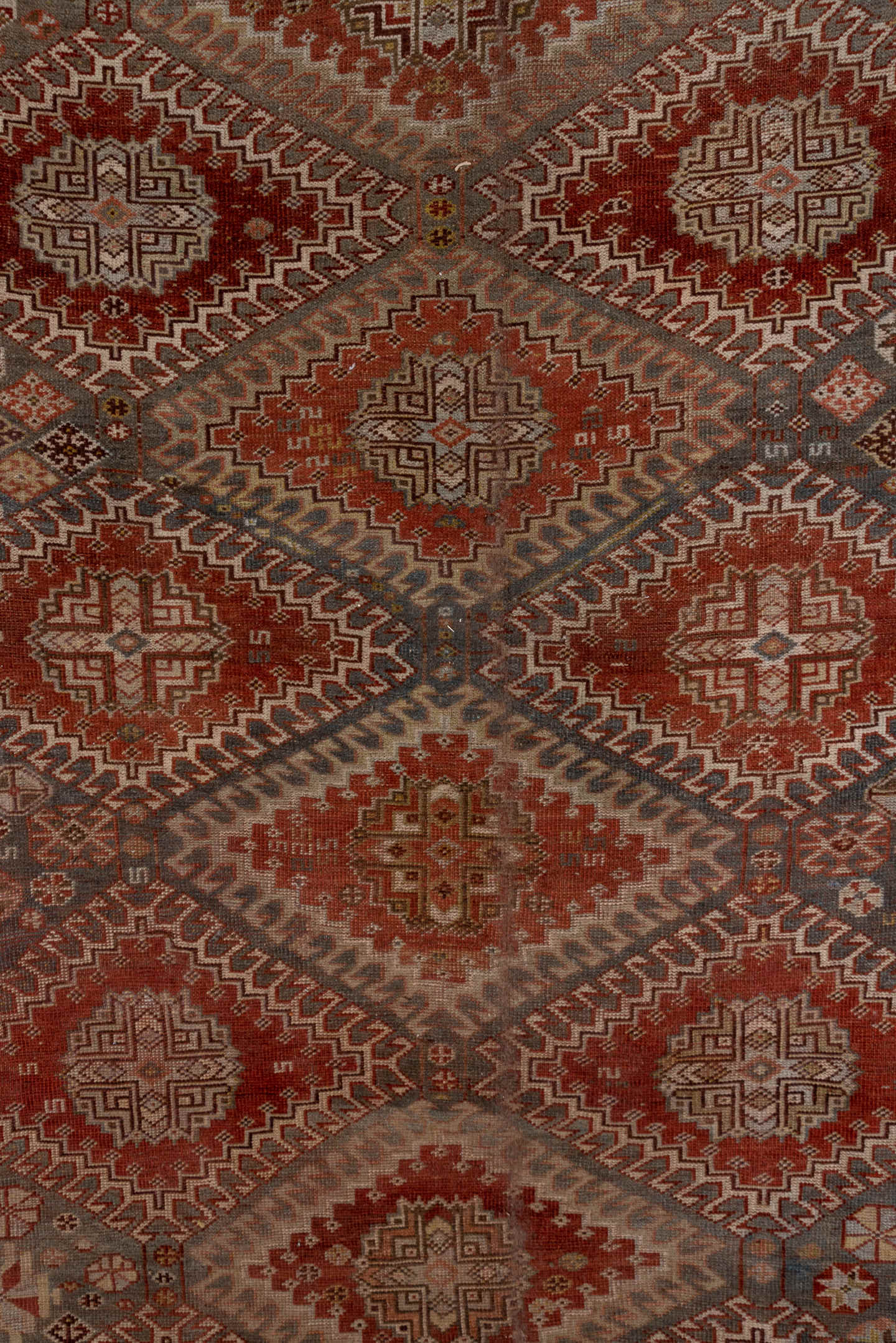 6' x 12' one-of-a-kind handmade antique Shiraz large size rug. Color palette: rust, blue_gray, ivory, taupe, terra_cotta