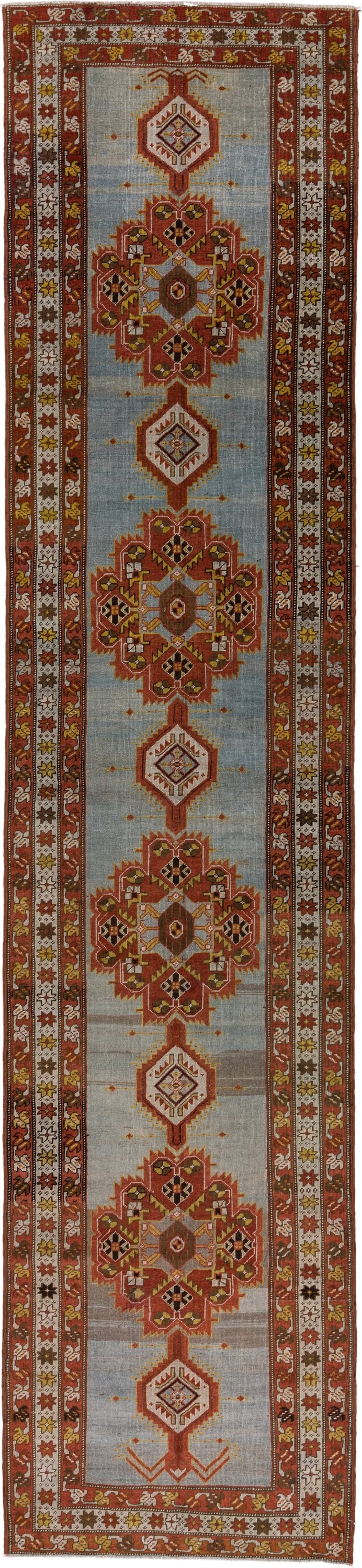 3' x 14' one-of-a-kind handmade antique Heriz runner rug. Color palette: rust, light blue, ivory, gold, brown, charcoal