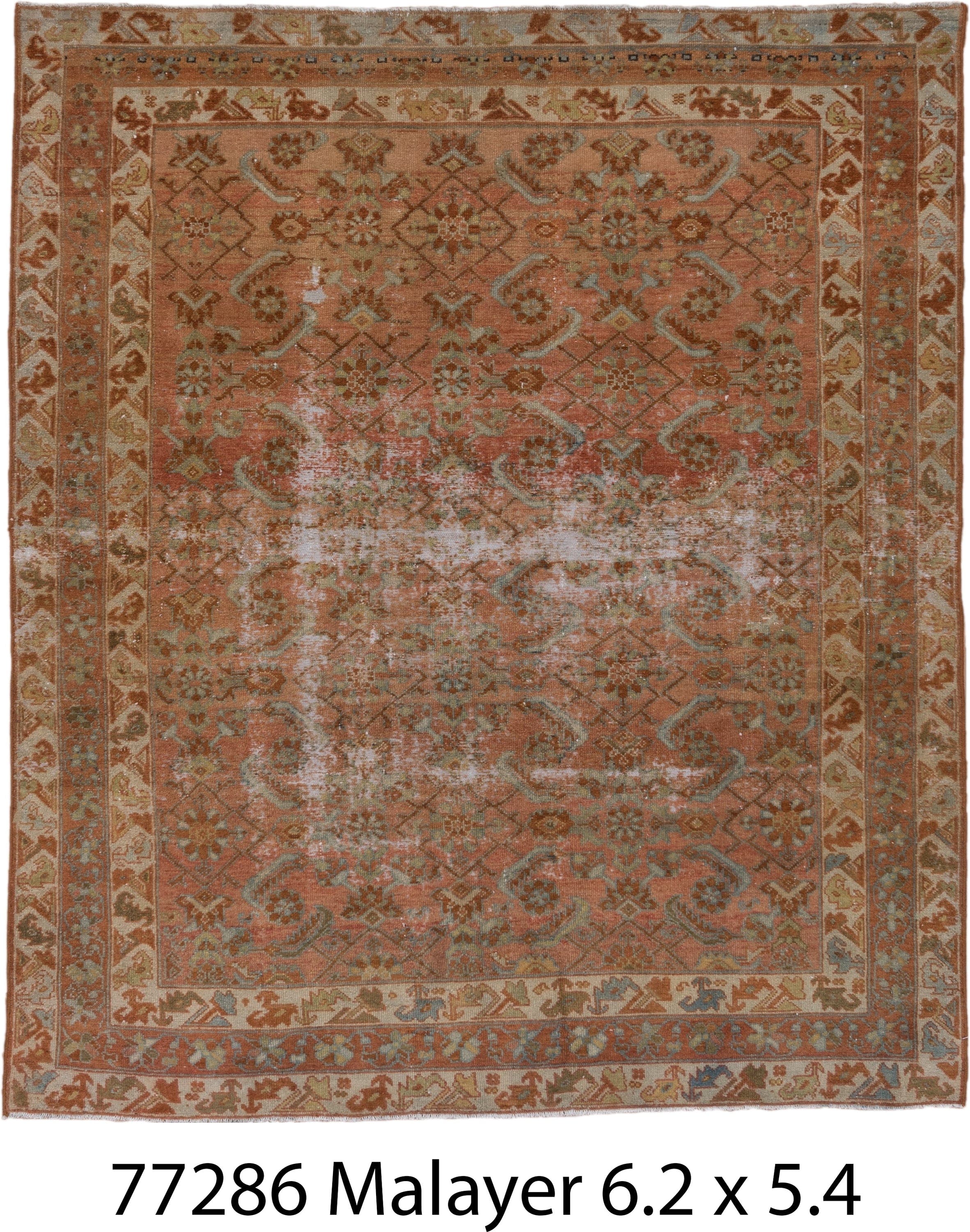 5' x 6' one-of-a-kind handmade antique Malayer rug. Color palette: terra cotta, rust, ivory, sage, camel, brown, pale blue
