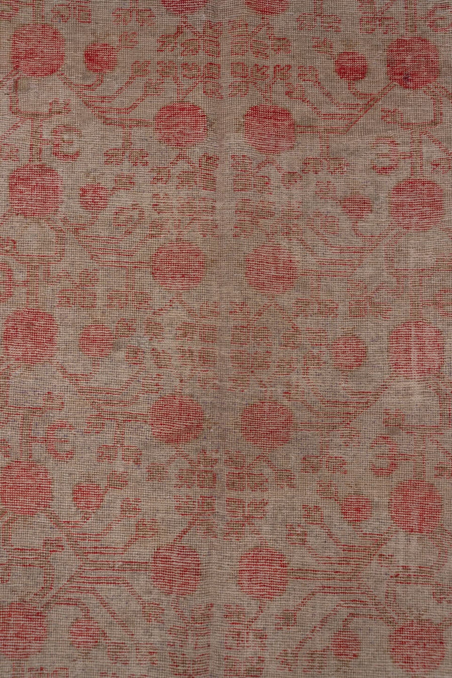 6' x 13' one-of-a-kind handmade antique Khotan large size rug. Color palette: taupe, rose, coral, camel, ivory, sienna
