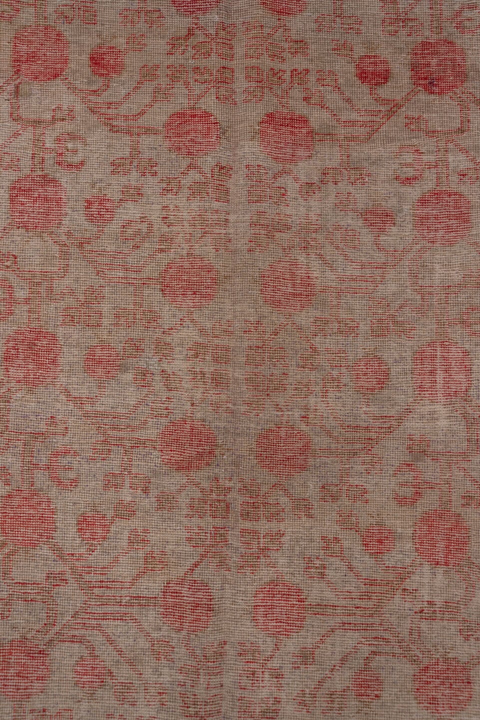 6' x 13' one-of-a-kind handmade antique Khotan large size rug. Color palette: taupe, rose, coral, camel, ivory, sienna
