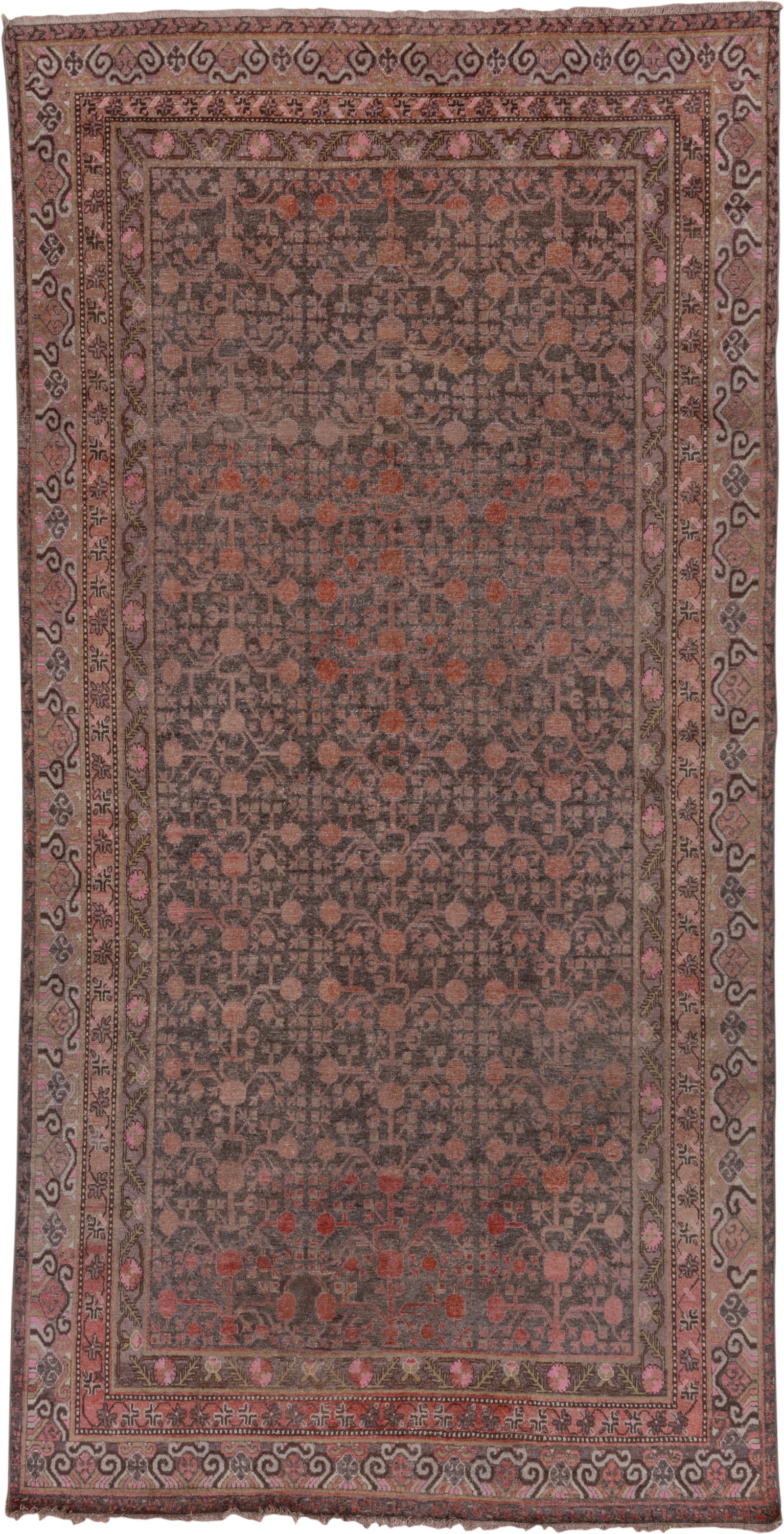 6' x 12' one-of-a-kind handmade antique Khotan large size rug. Color palette: taupe, rose, charcoal, dusty pink, rust, mauve