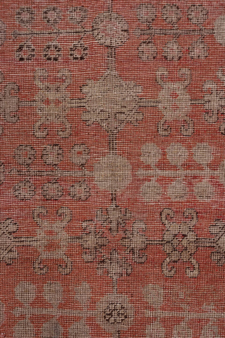 6' x 12' one-of-a-kind handmade antique Khotan large size rug. Color palette: taupe, coral, rose, camel, brown, charcoal