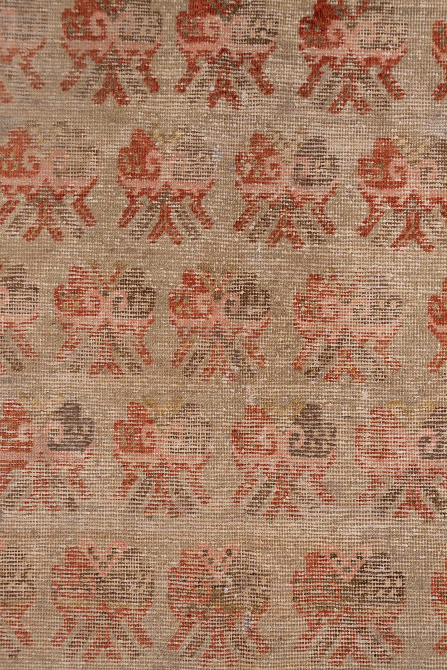 4' x 7' one-of-a-kind handmade antique Khotan rug. Color palette: ivory, taupe, rust, brown, rose, camel, beige, gray