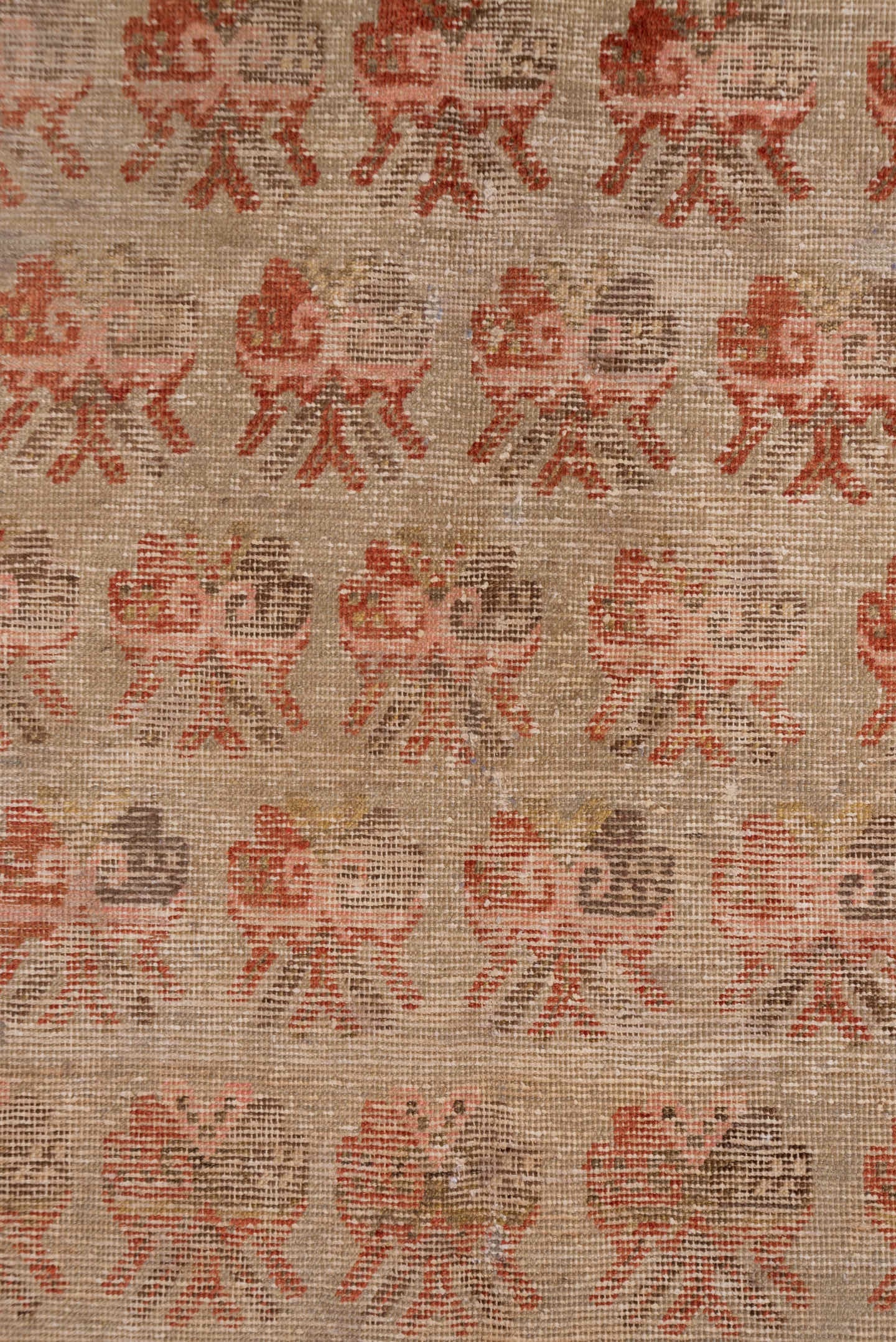 4' x 7' one-of-a-kind handmade antique Khotan rug. Color palette: ivory, taupe, rust, brown, rose, camel, beige, gray