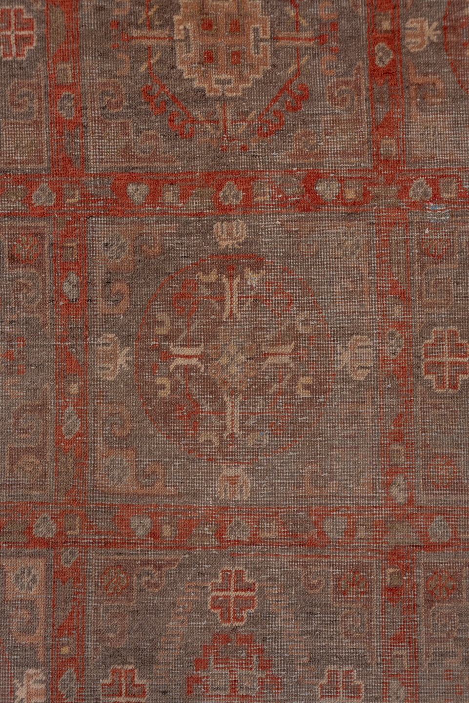 6' x 12' one-of-a-kind handmade antique Khotan large size rug. Color palette: taupe, rust, terra cotta, rose, brown, ivory