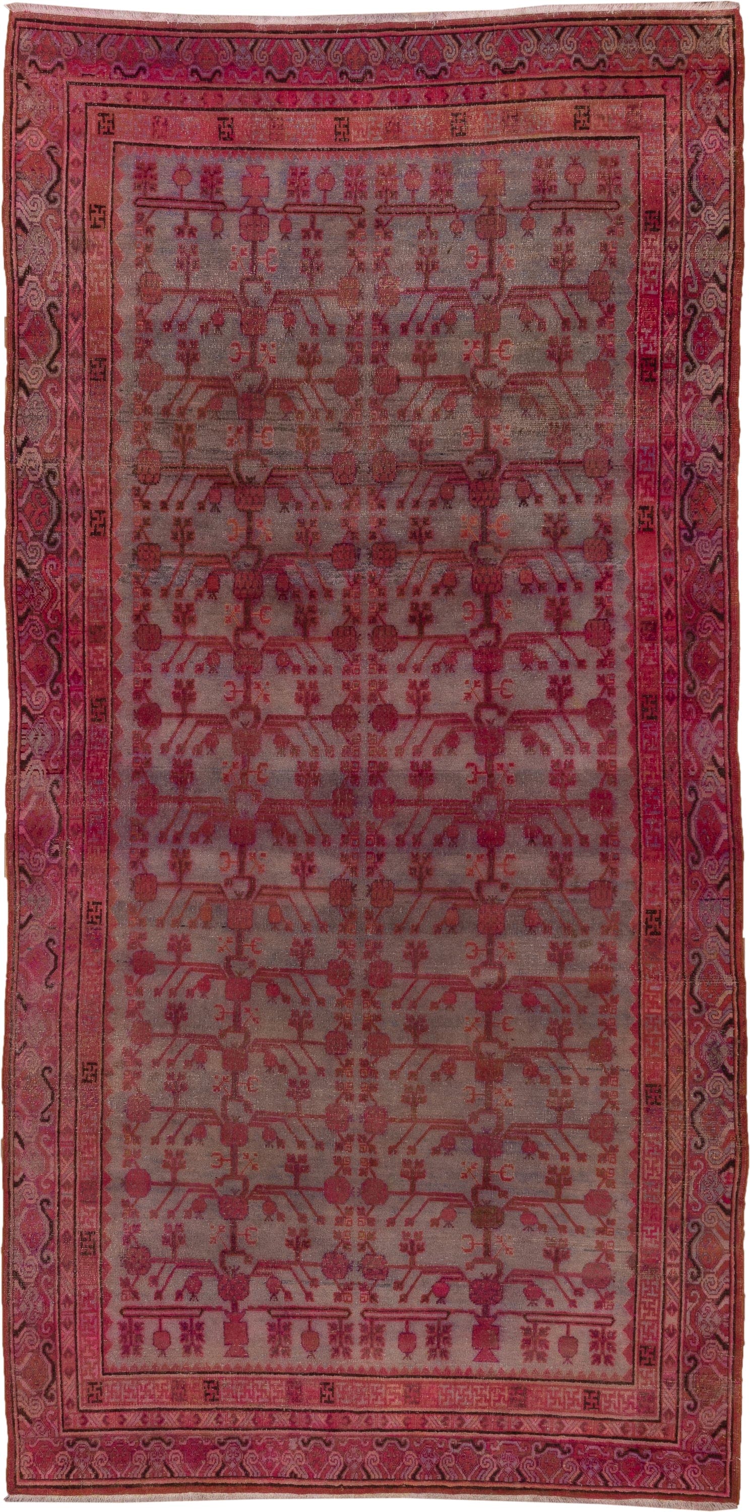6' x 13' one-of-a-kind handmade antique Khotan large size rug. Color palette: rose, dusty mauve, terra cotta, crimson, taupe