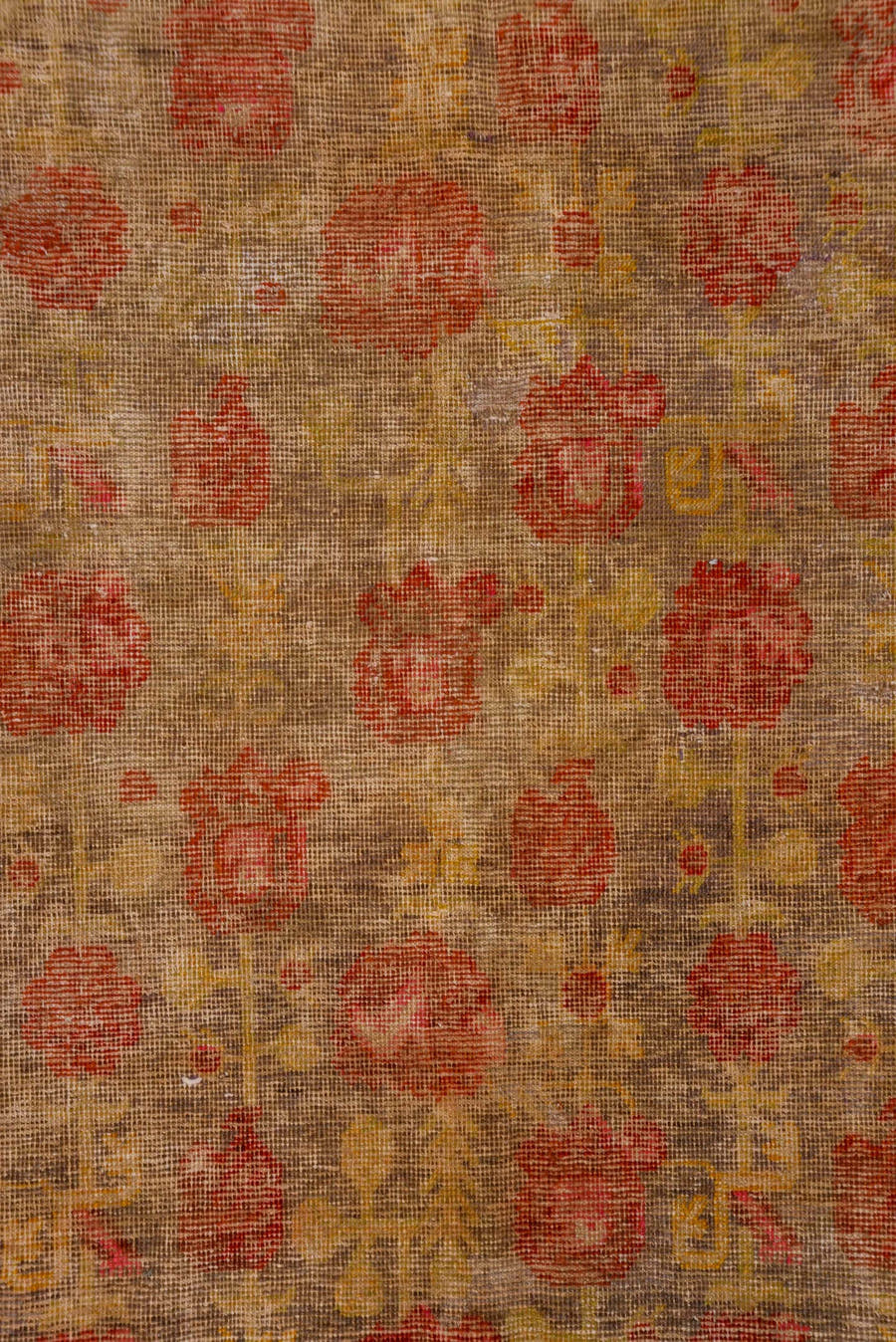 6' x 12' one-of-a-kind handmade antique Khotan large size rug. Color palette: taupe, rust, coral, terracotta, gold, rose