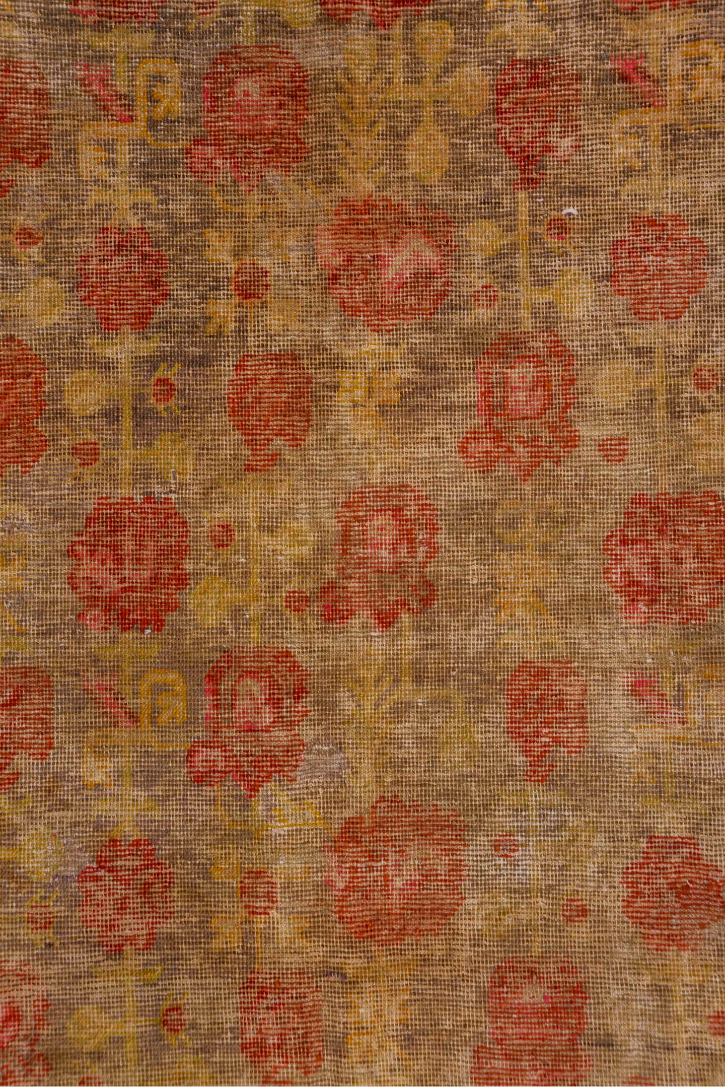 6' x 12' one-of-a-kind handmade antique Khotan large size rug. Color palette: taupe, rust, coral, terracotta, gold, rose