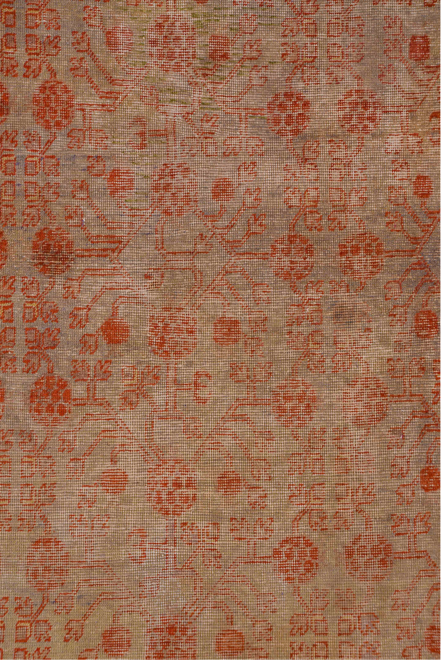 8' x 15' one-of-a-kind handmade antique Khotan rug. Color palette: blush, ivory, rust, taupe, camel, rose, sienna, pink