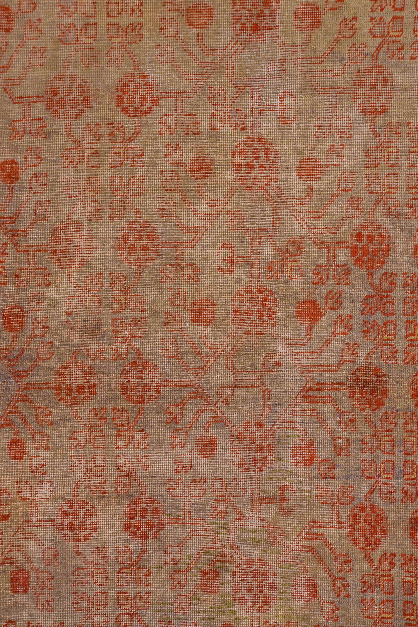 8' x 15' one-of-a-kind handmade antique Khotan rug. Color palette: blush, ivory, rust, taupe, camel, rose, sienna, pink