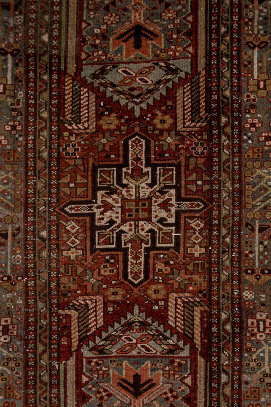3' x 14' one-of-a-kind handmade antique Karaje runner rug. Color palette: rust, blue-gray, ivory, burgundy, taupe, camel