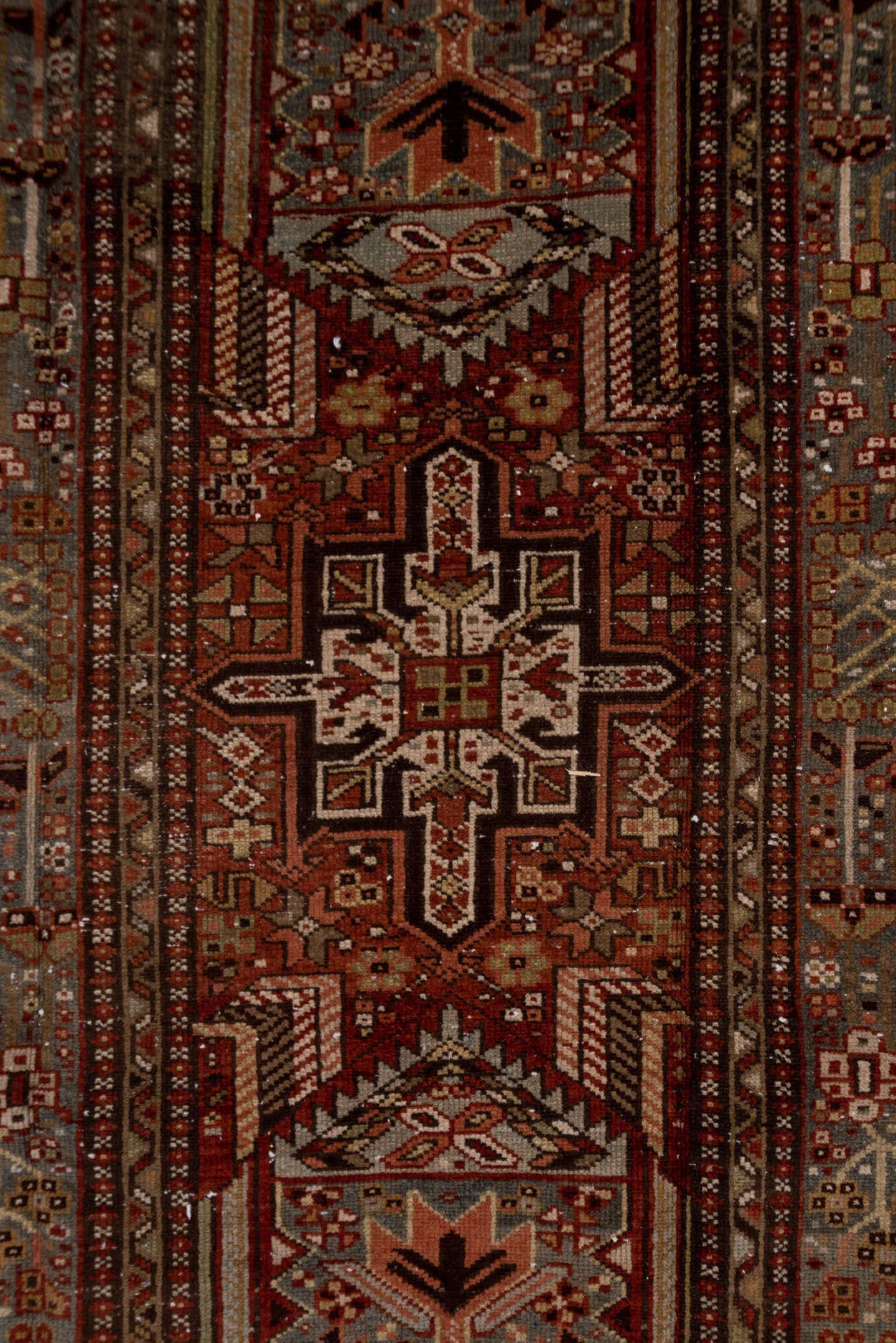 3' x 14' one-of-a-kind handmade antique Karaje runner rug. Color palette: rust, blue-gray, ivory, burgundy, taupe, camel