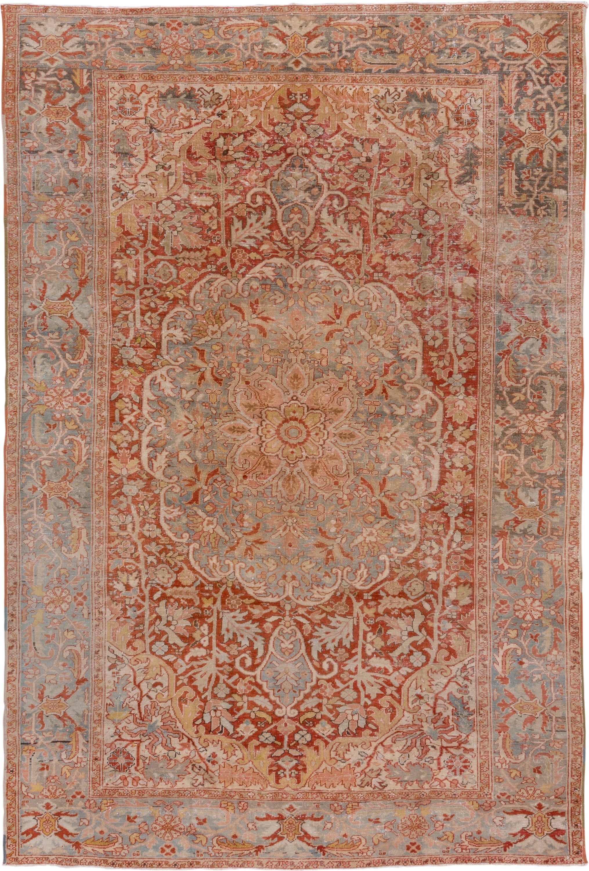 7' x 11' one-of-a-kind handmade antique Heriz large size rug. Color palette: terra cotta, light blue, ivory, rust, sage