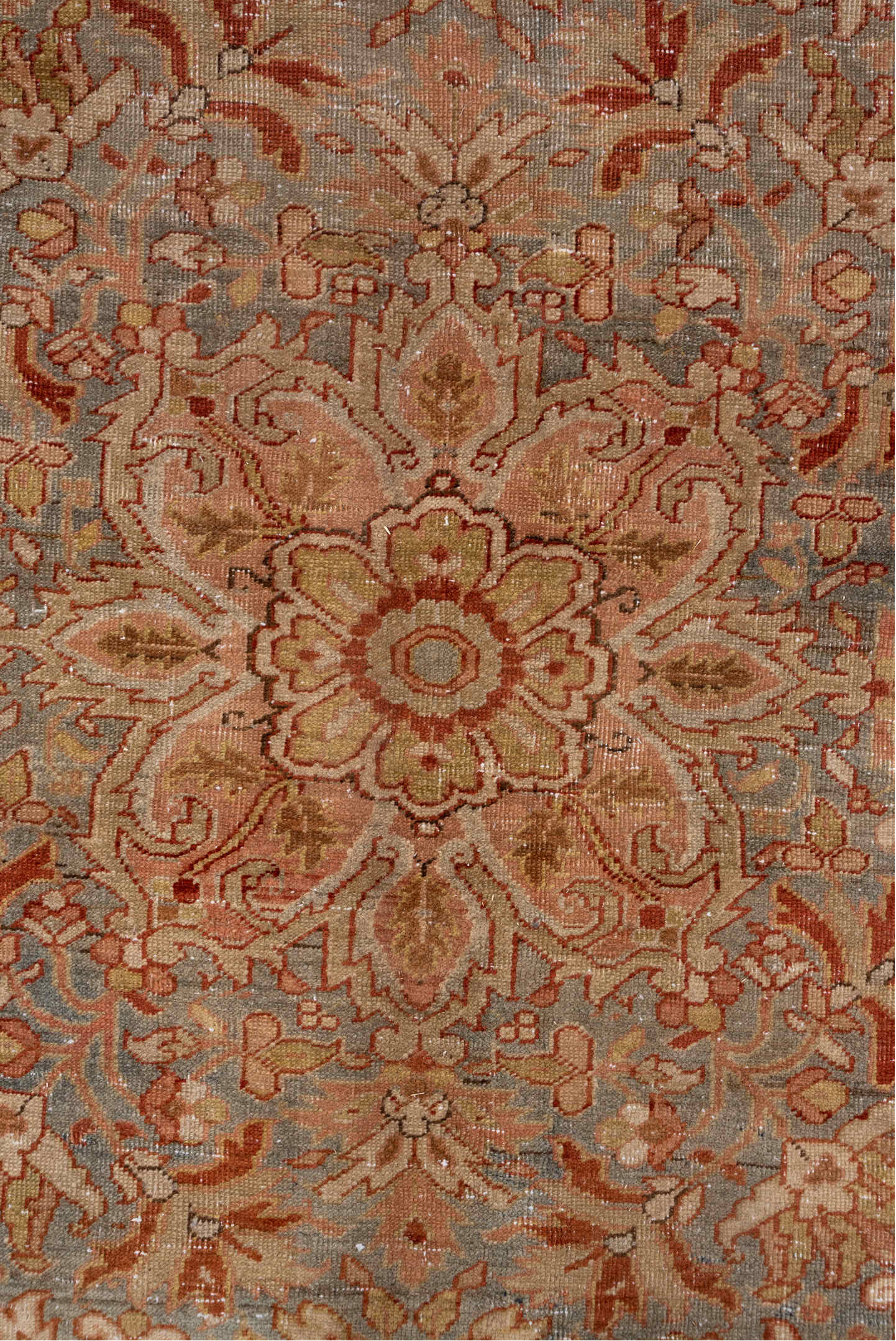 7' x 11' one-of-a-kind handmade vintage Heriz large size rug. Color palette: brown, gray, light gray, off-white, orange