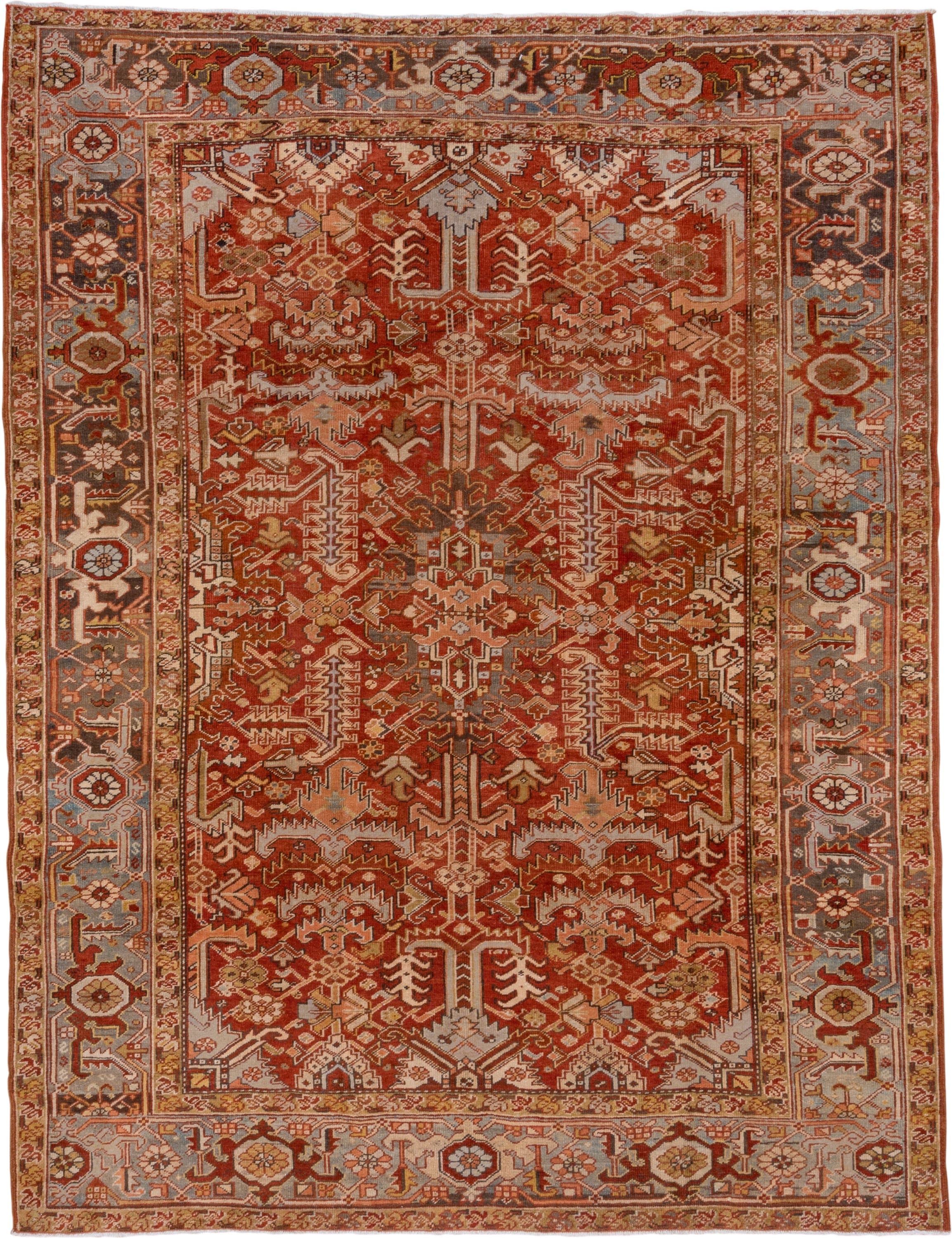 8' x 10' one-of-a-kind handmade antique Heriz large size rug. Color palette: rust, sky blue, ivory, terra cotta, camel