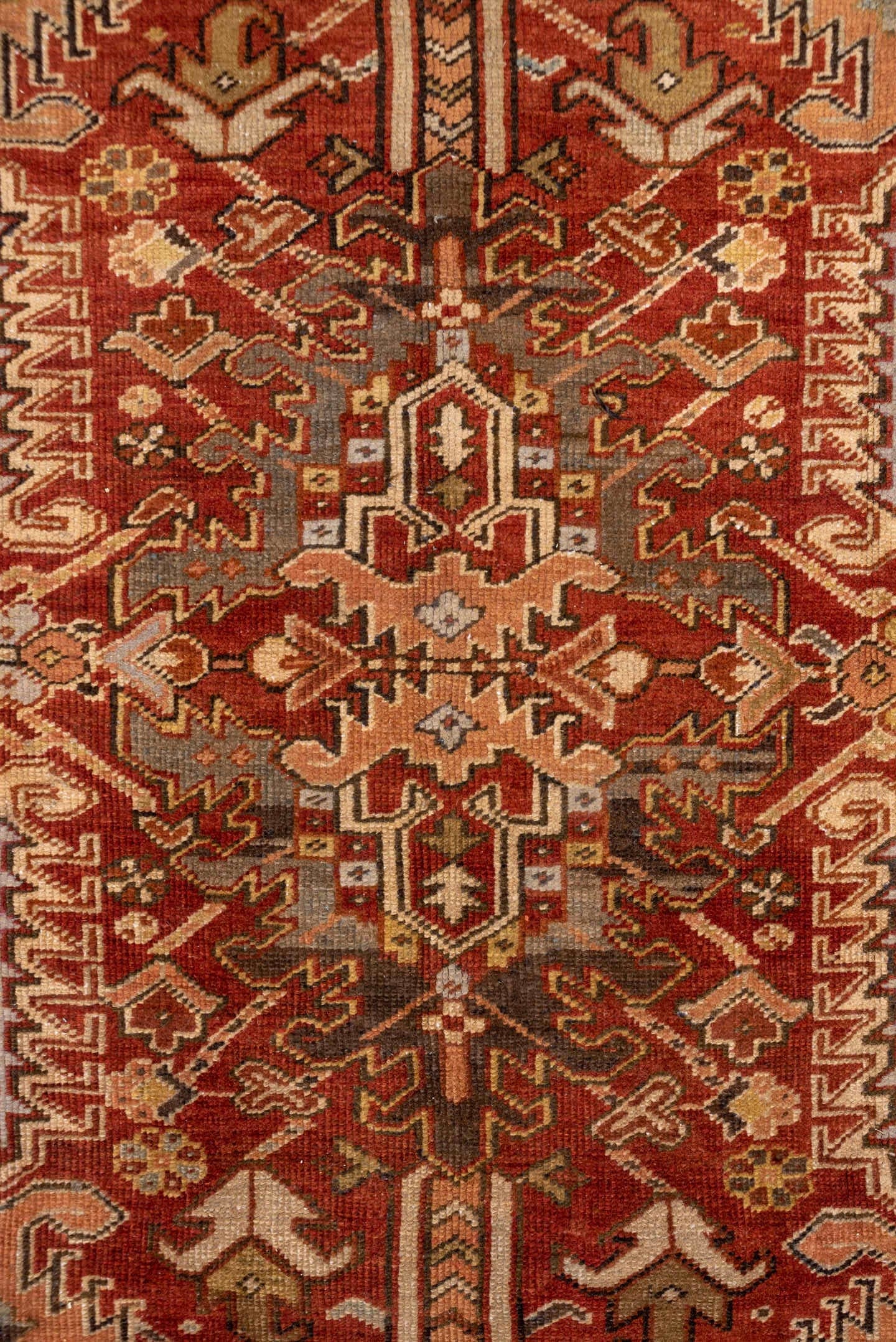 8' x 10' one-of-a-kind handmade antique Heriz large size rug. Color palette: rust, sky blue, ivory, terra cotta, camel