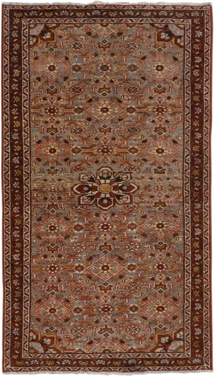 2' x 4' one-of-a-kind handmade antique Malayer small size rug. Color palette: rust, blue-gray, ivory, gold, brown, camel
