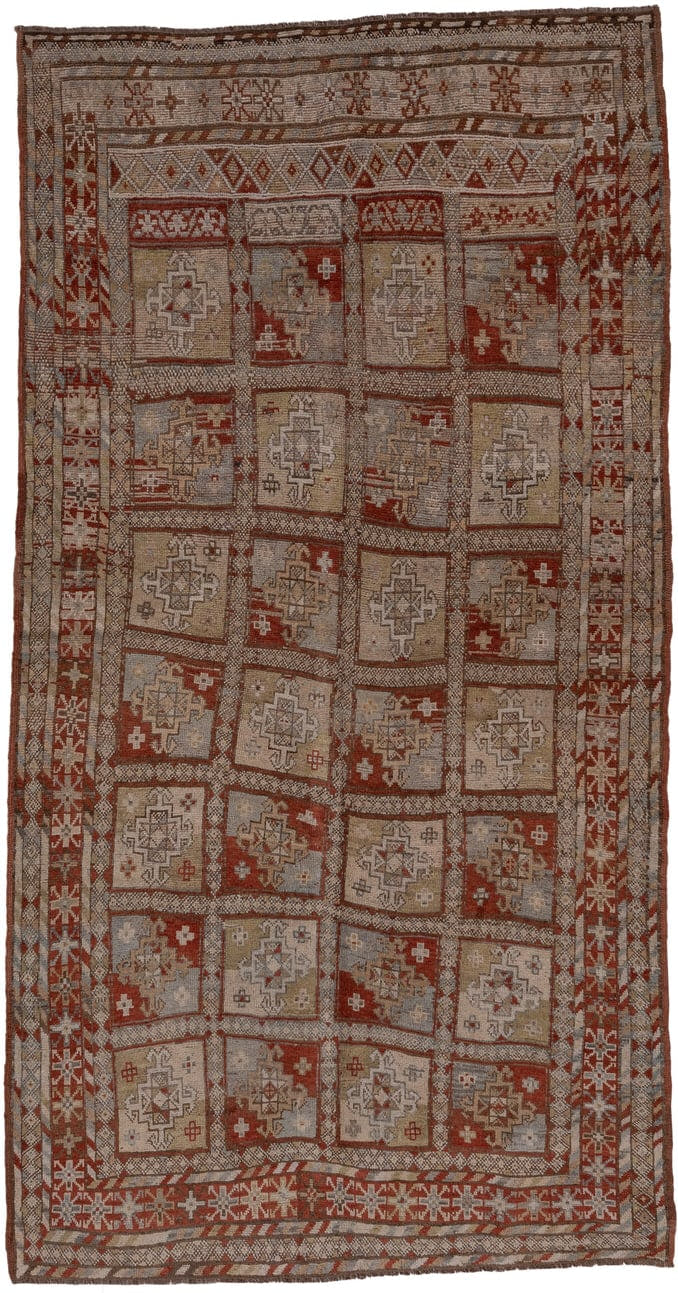 5' x 9' one-of-a-kind handmade antique NW Persian medium size rug. Color palette: taupe, rust, ivory, slate, brown, camel