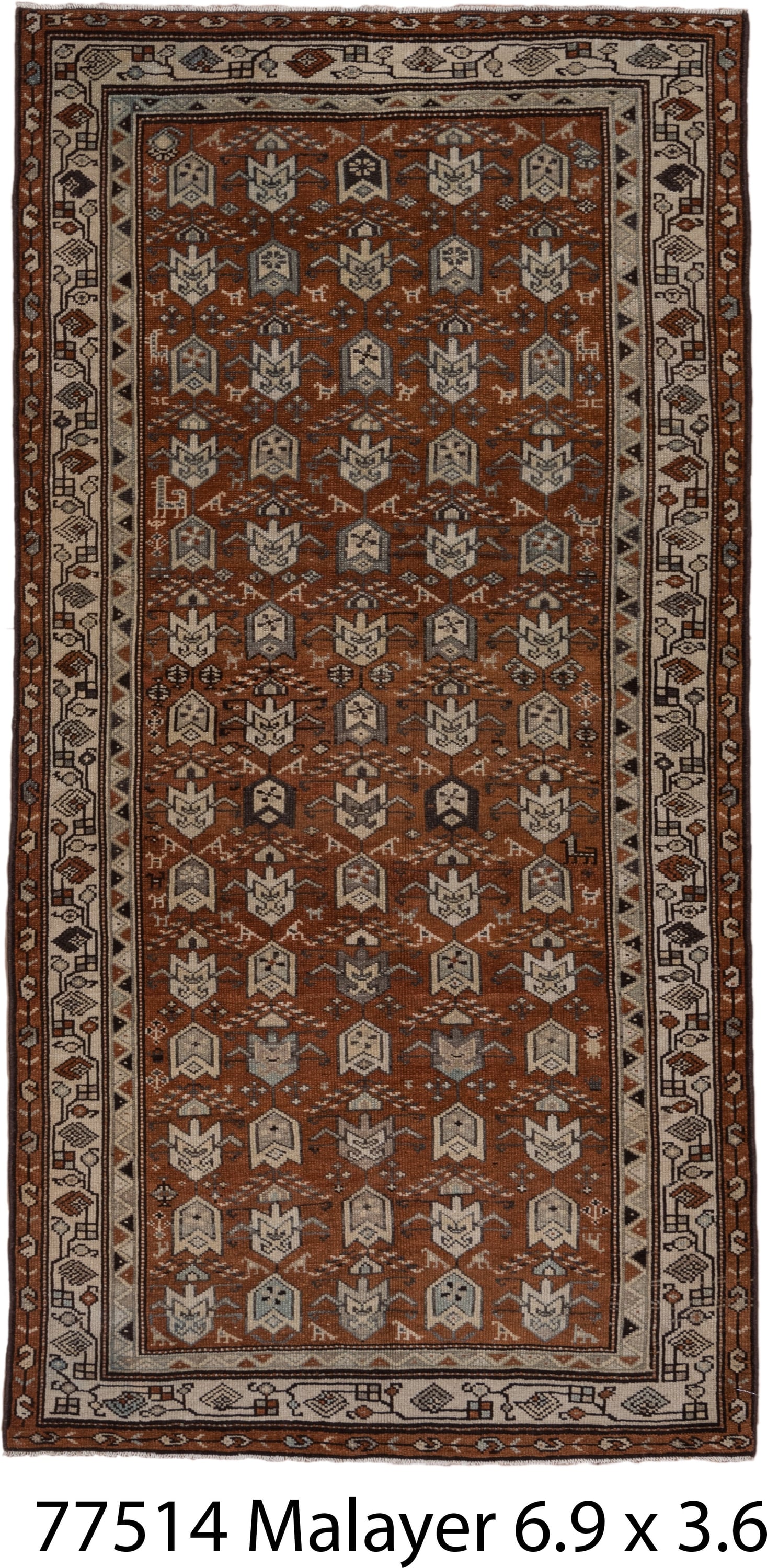 3' x 6' one-of-a-kind handmade antique Malayer small size rug. Color palette: rust, ivory, brown, taupe, charcoal