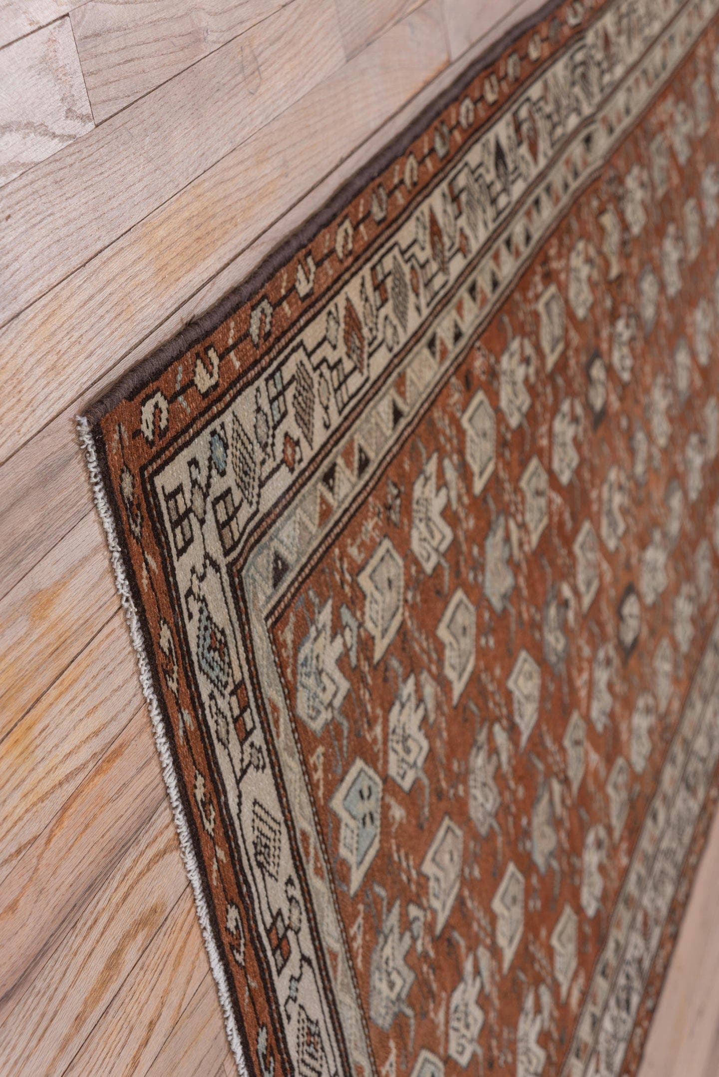 3' x 6' one-of-a-kind handmade antique Malayer small size rug. Color palette: rust, ivory, brown, taupe, charcoal