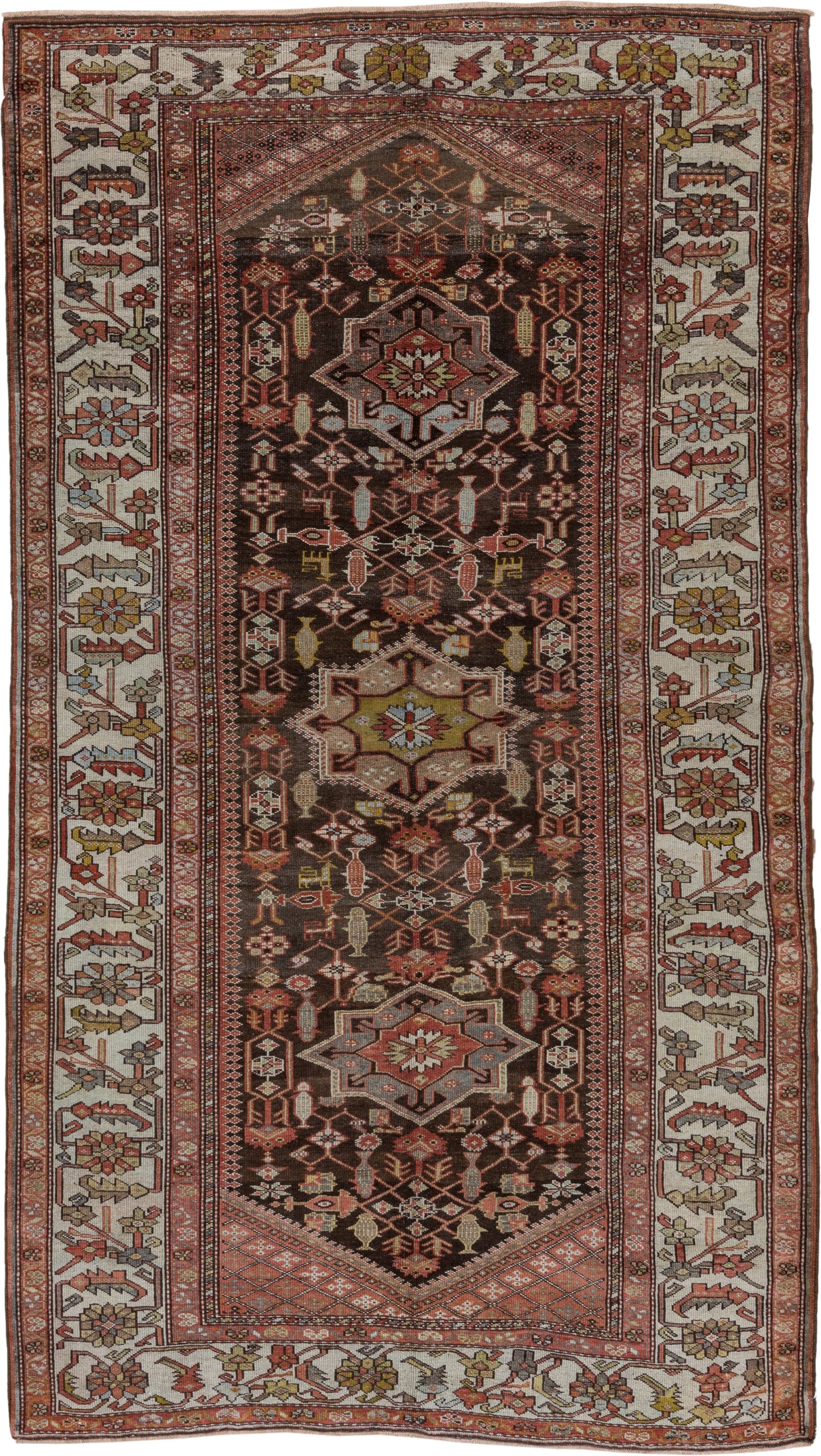 4' x 8' one-of-a-kind handmade antique Malayer rug. Color palette: brown, ivory, rust, camel, sage, soft blue, terracotta