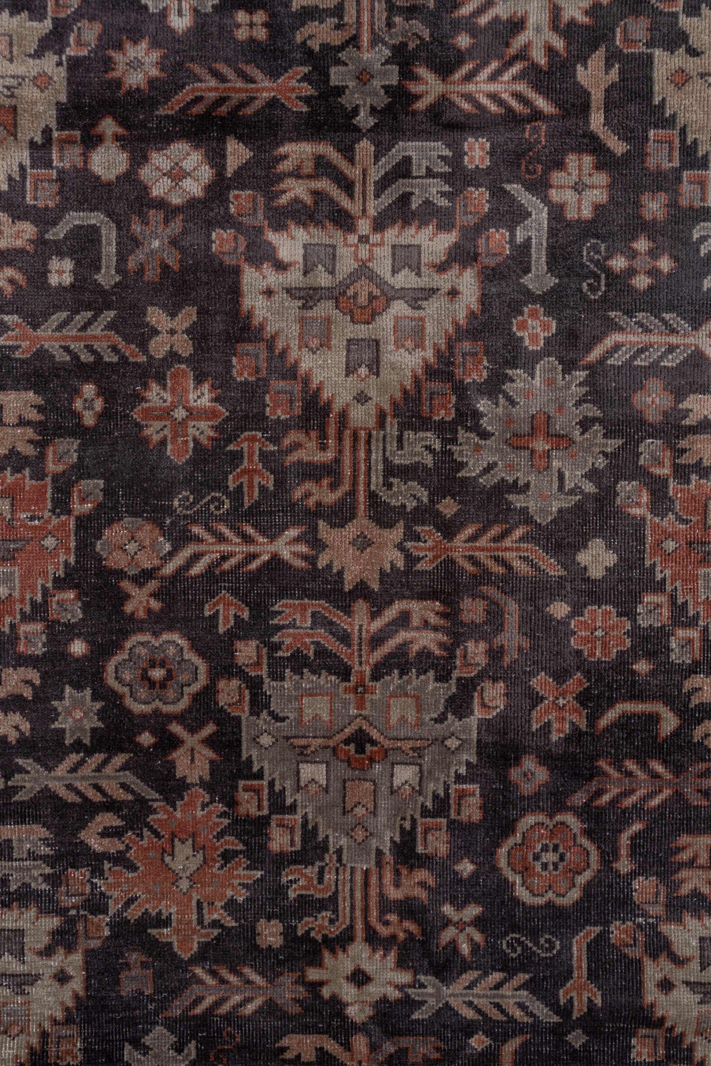5' x 12' one-of-a-kind handmade antique Sparta rug. Color palette: charcoal, rust, ivory, taupe, slate, brown, gray, black