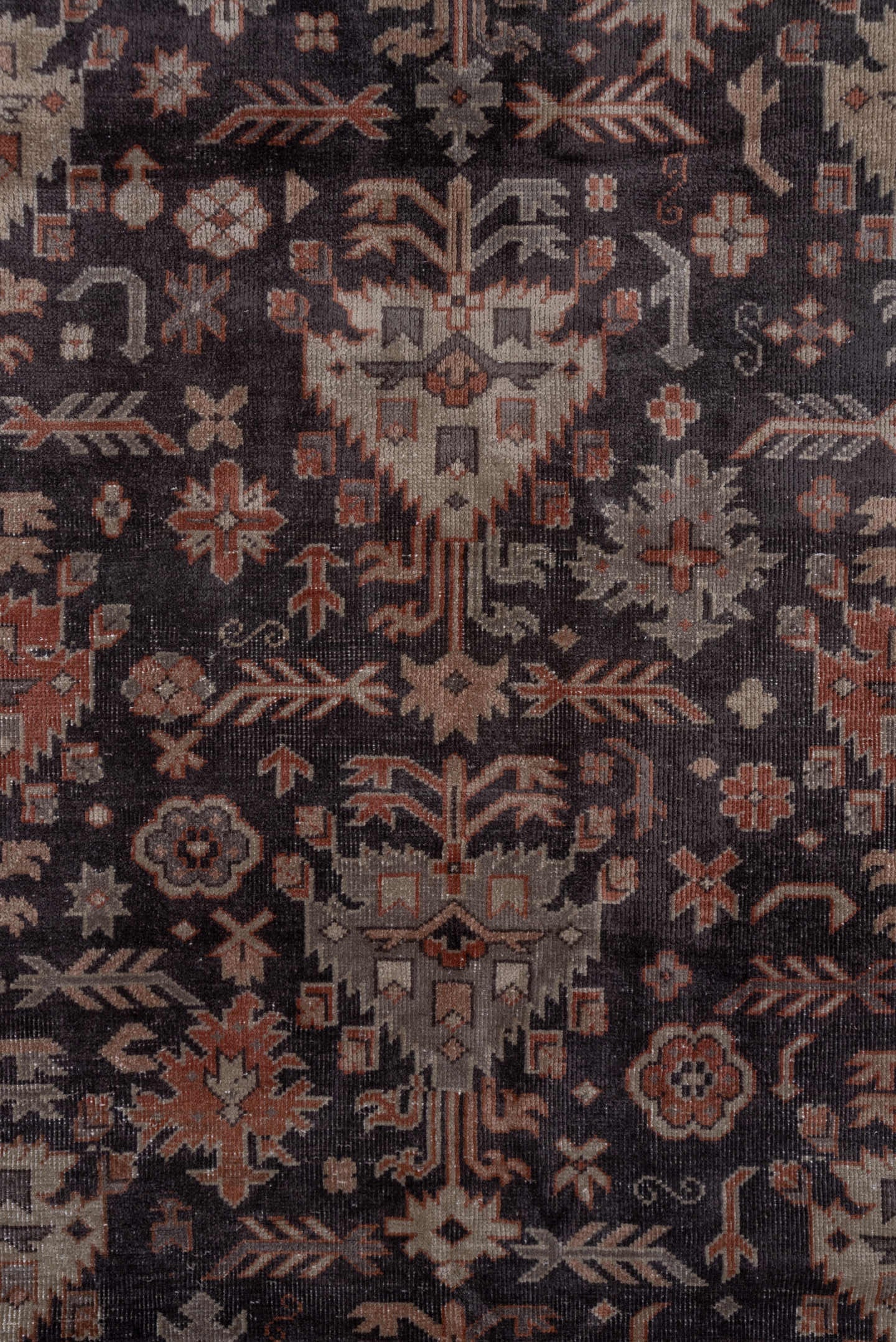 5' x 12' one-of-a-kind handmade antique Sparta rug. Color palette: charcoal, rust, ivory, taupe, slate, brown, gray, black