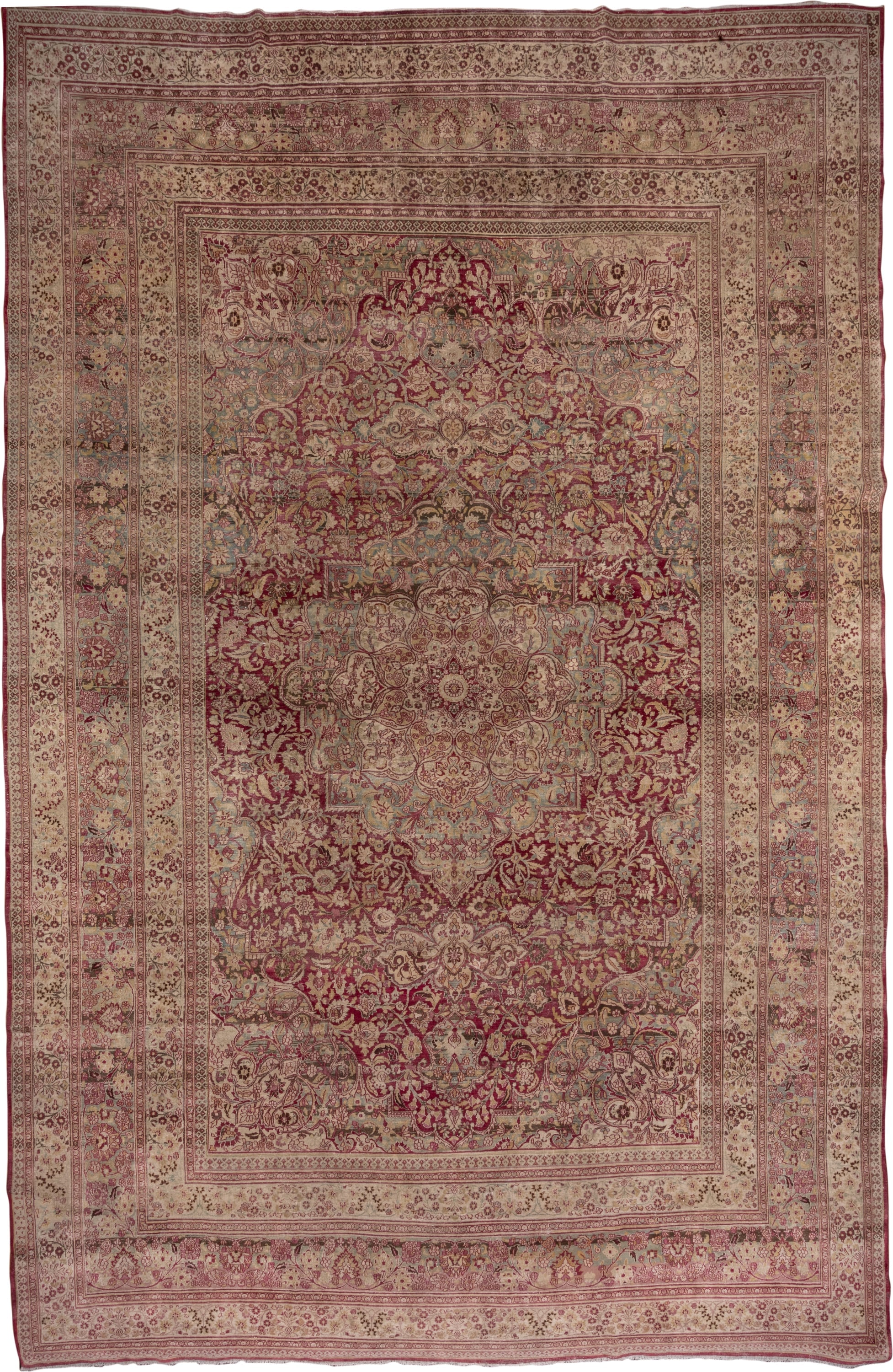 12' x 19' one-of-a-kind handmade antique Khorassan oversize rug. Color palette: rose, ivory, burgundy, dusty blue, blush