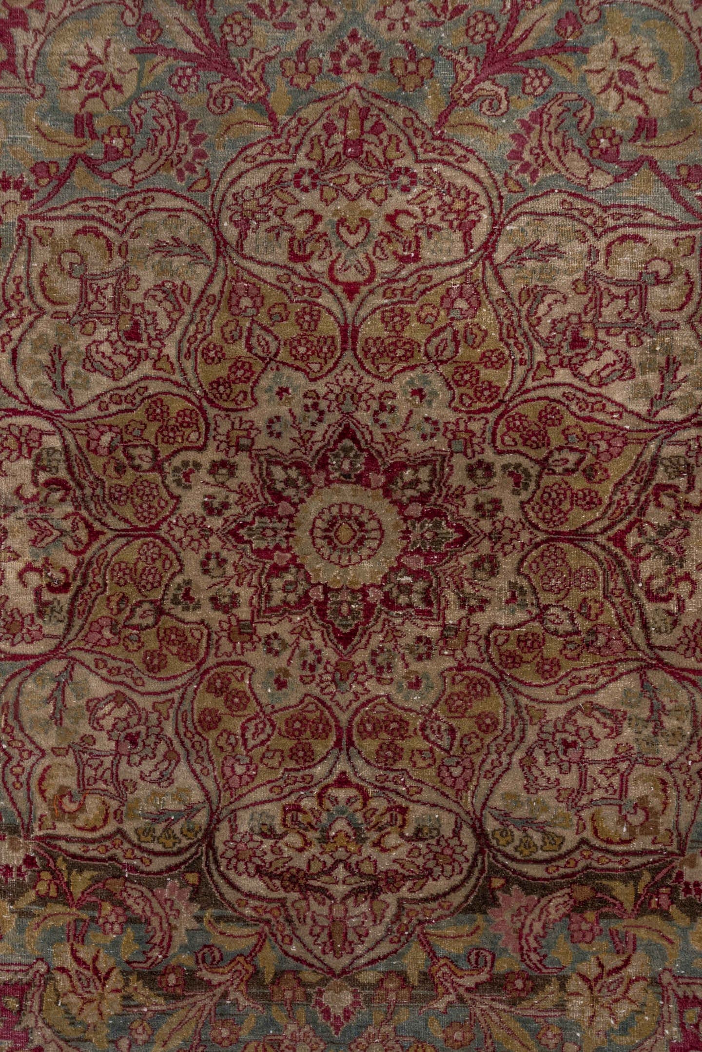 12' x 19' one-of-a-kind handmade antique Khorassan oversize rug. Color palette: rose, ivory, burgundy, dusty blue, blush