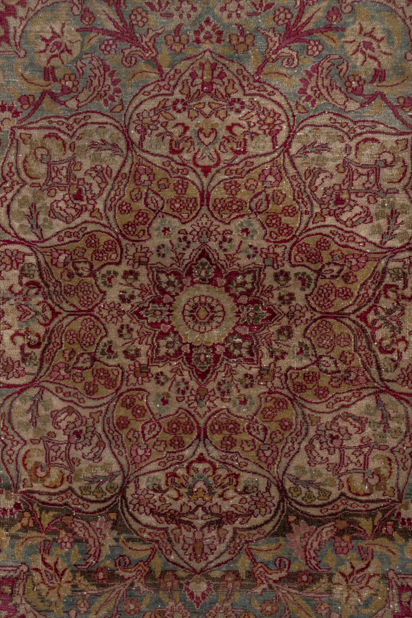 12' x 19' one-of-a-kind handmade antique Khorassan oversize rug. Color palette: rose, ivory, burgundy, dusty blue, blush
