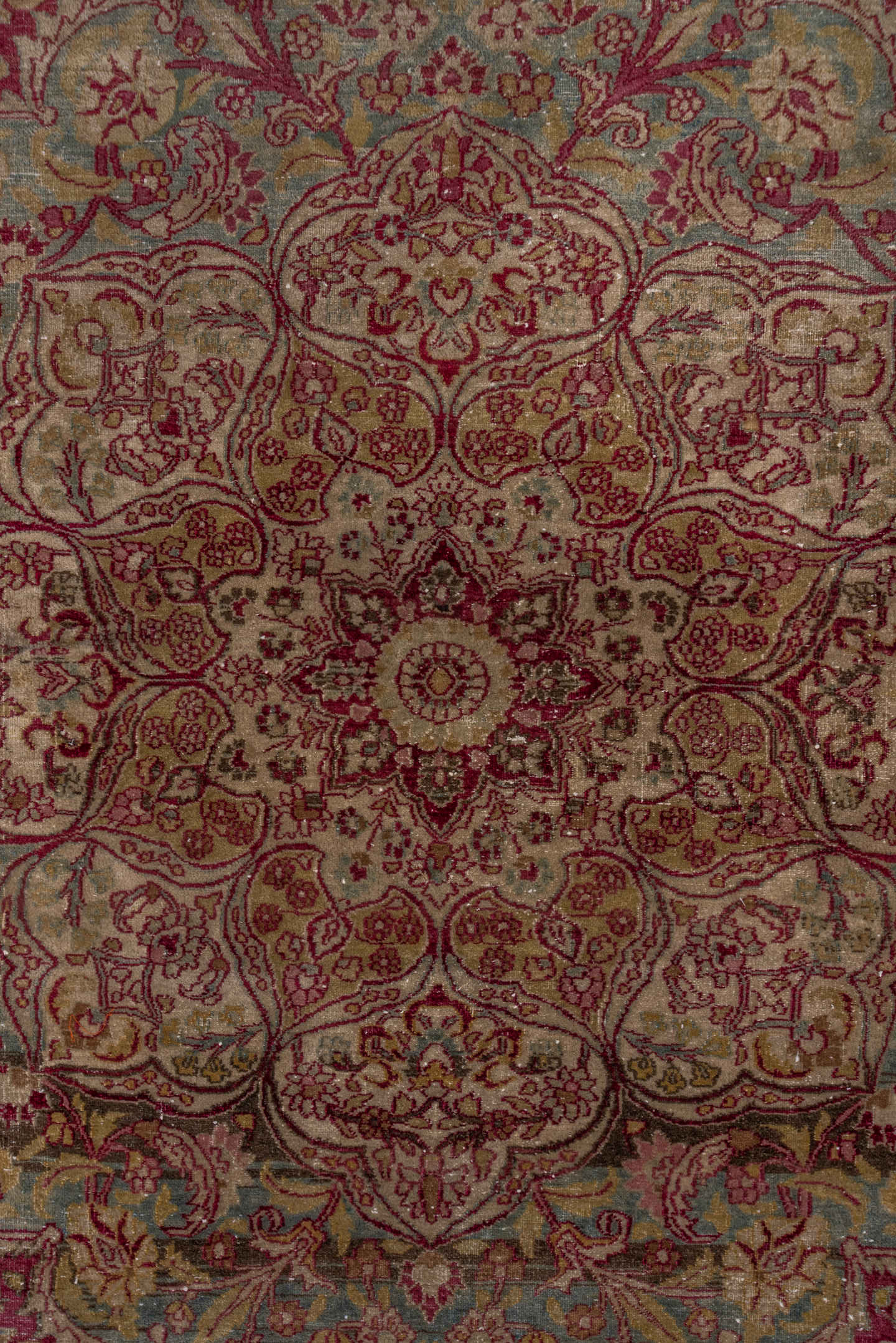 12' x 19' one-of-a-kind handmade antique Khorassan oversize rug. Color palette: rose, ivory, burgundy, dusty blue, blush