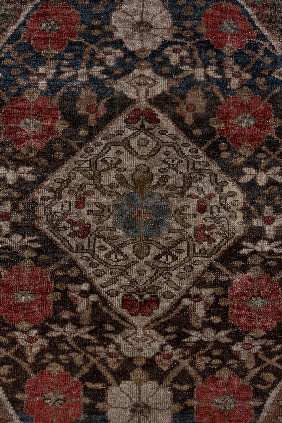 4' x 6' one-of-a-kind handmade antique Malayer small size rug. Color palette: brown, navy, rust, ivory, taupe, slate, rose
