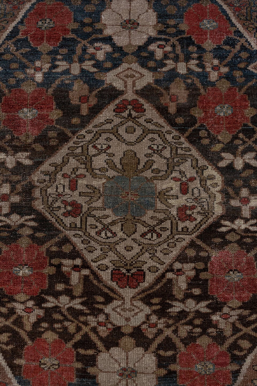 4' x 6' one-of-a-kind handmade antique Malayer small size rug. Color palette: brown, navy, rust, ivory, taupe, slate, rose