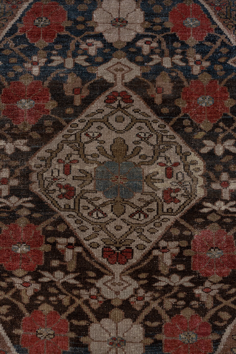 4' x 6' one-of-a-kind handmade antique Malayer small size rug. Color palette: brown, navy, rust, ivory, taupe, slate, rose