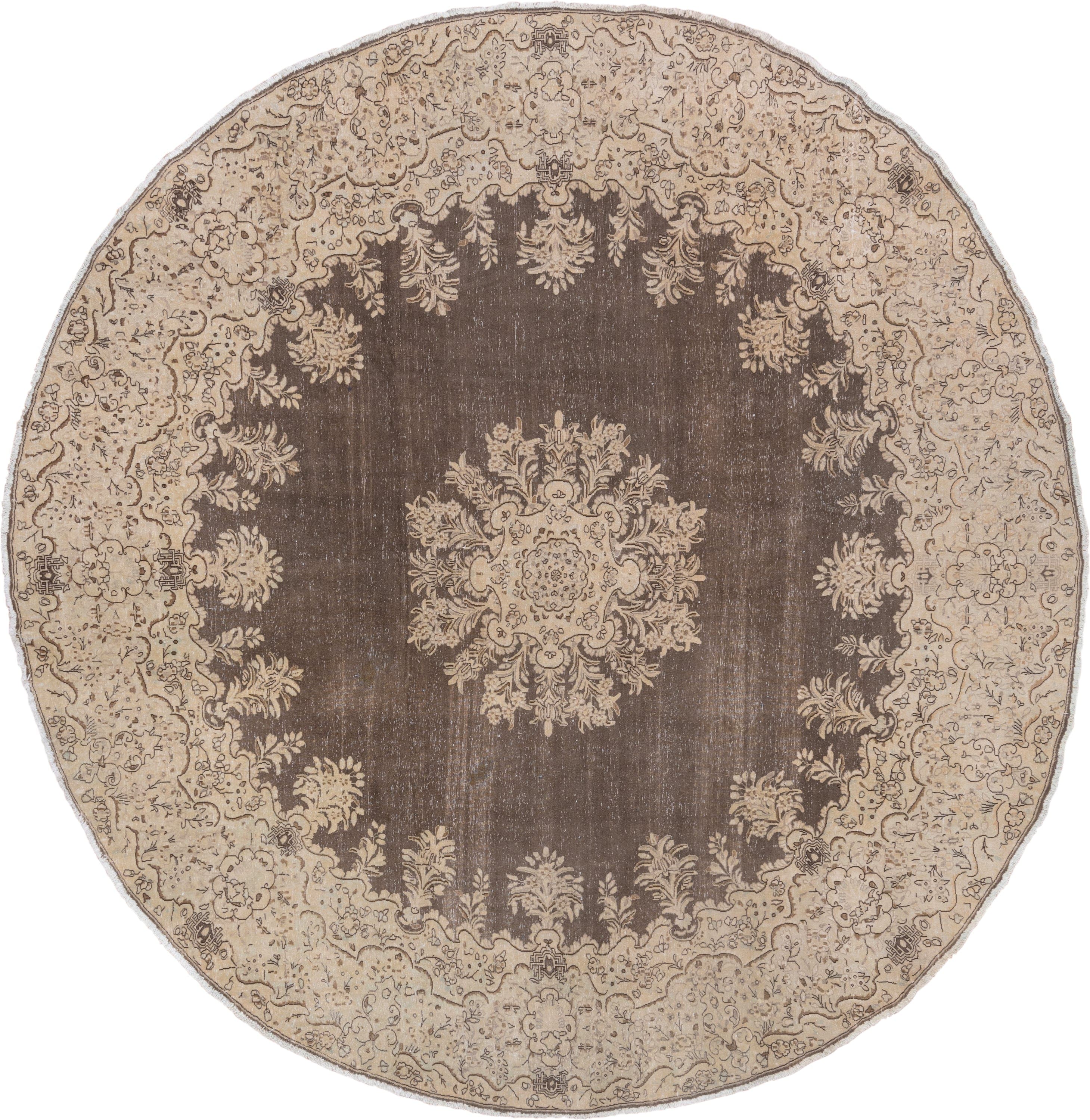 9' x 9' one-of-a-kind handmade antique Tabriz rug. Color palette: ivory, taupe, brown, beige, charcoal, gray, black