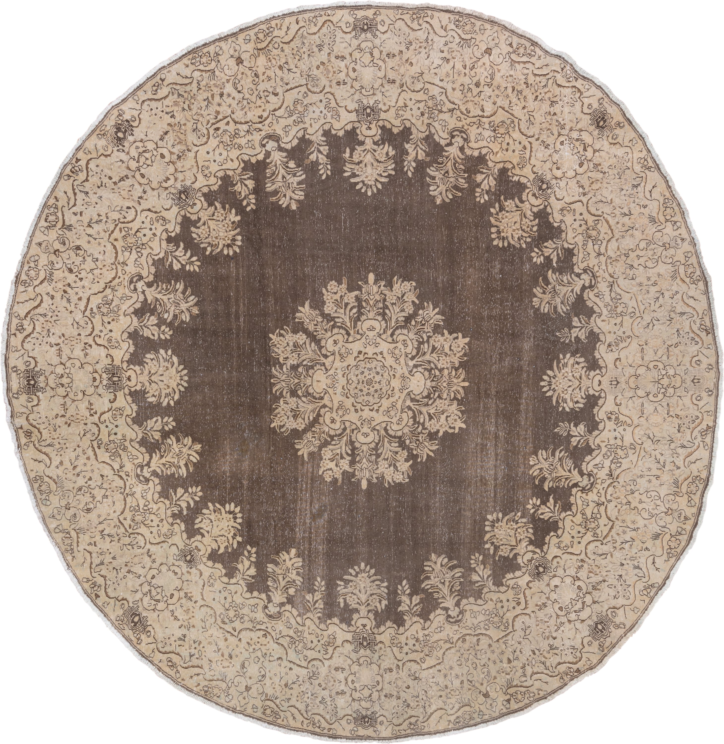 9' x 9' one-of-a-kind handmade antique Tabriz rug. Color palette: ivory, taupe, brown, beige, charcoal, gray, black