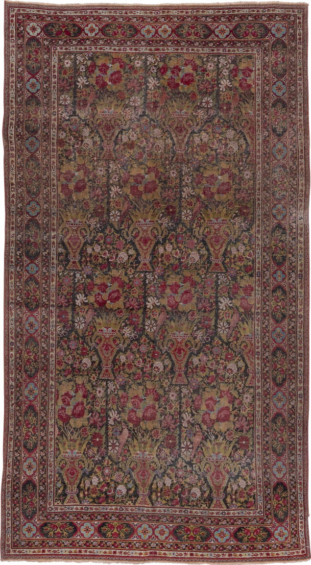 4' x 8' one-of-a-kind handmade vintage Agra rug. Color palette: brown, gray, pink, red